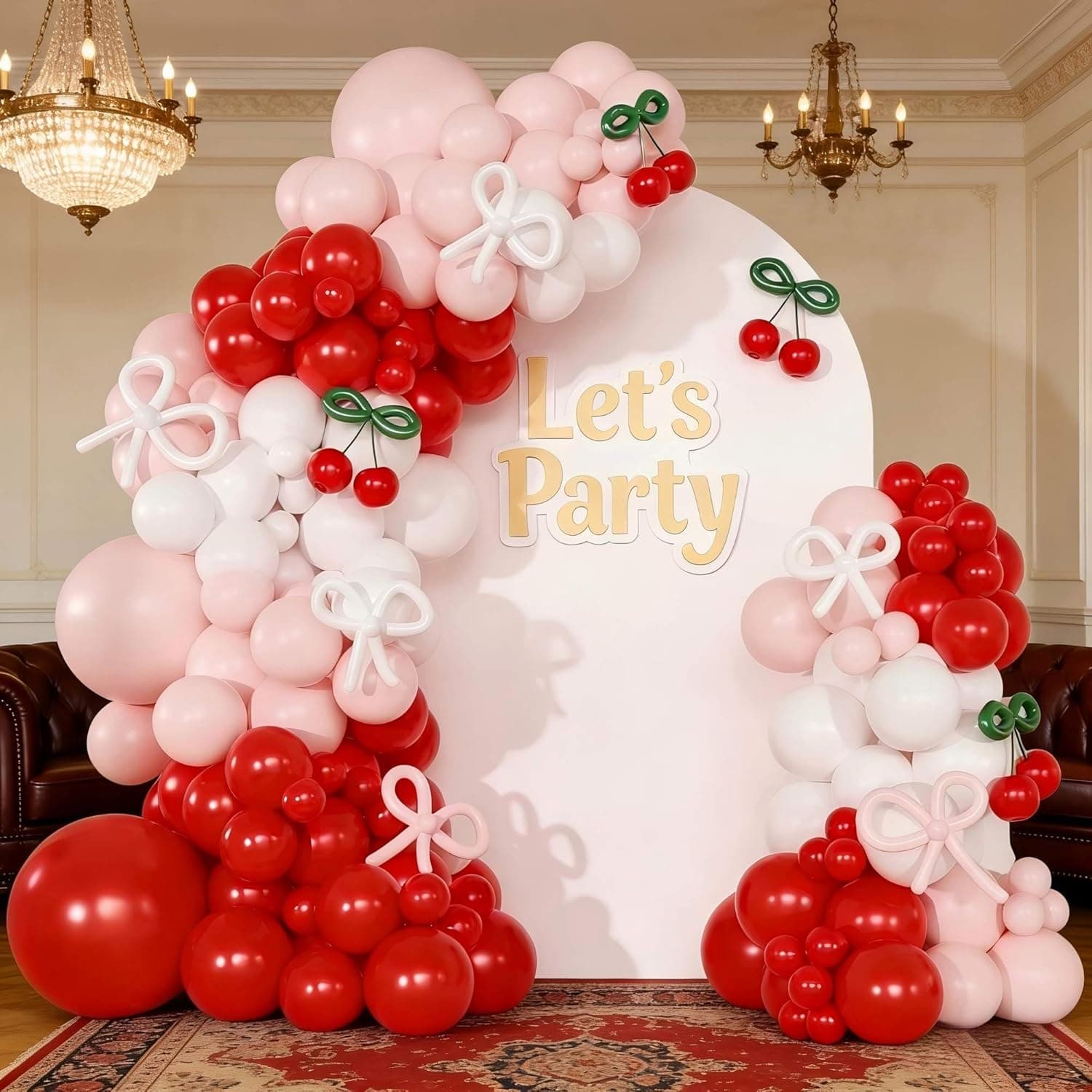 Cherry Red Balloon Garland Arch Kit, Bow Pastel Pink White 260 Balloons for Cherry Themed Birthday Baby Shower Wedding Galentine's Bridal Shower Birthday Party Decorations
