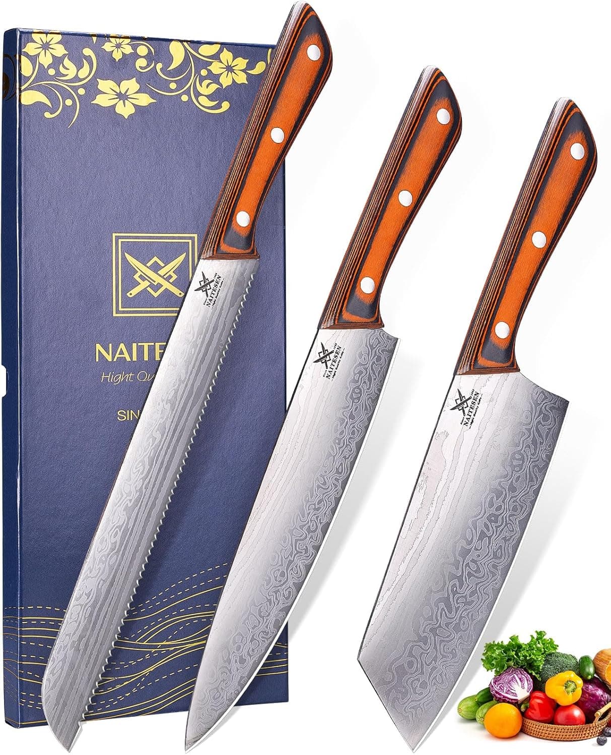 3PCS Professional Kitchen Knife Set,Very Sharp Meat Cleaver Chef Knife Serrated Bread Knife for Meat Vegetable Cutting Home Cooking Gifts for Men Women