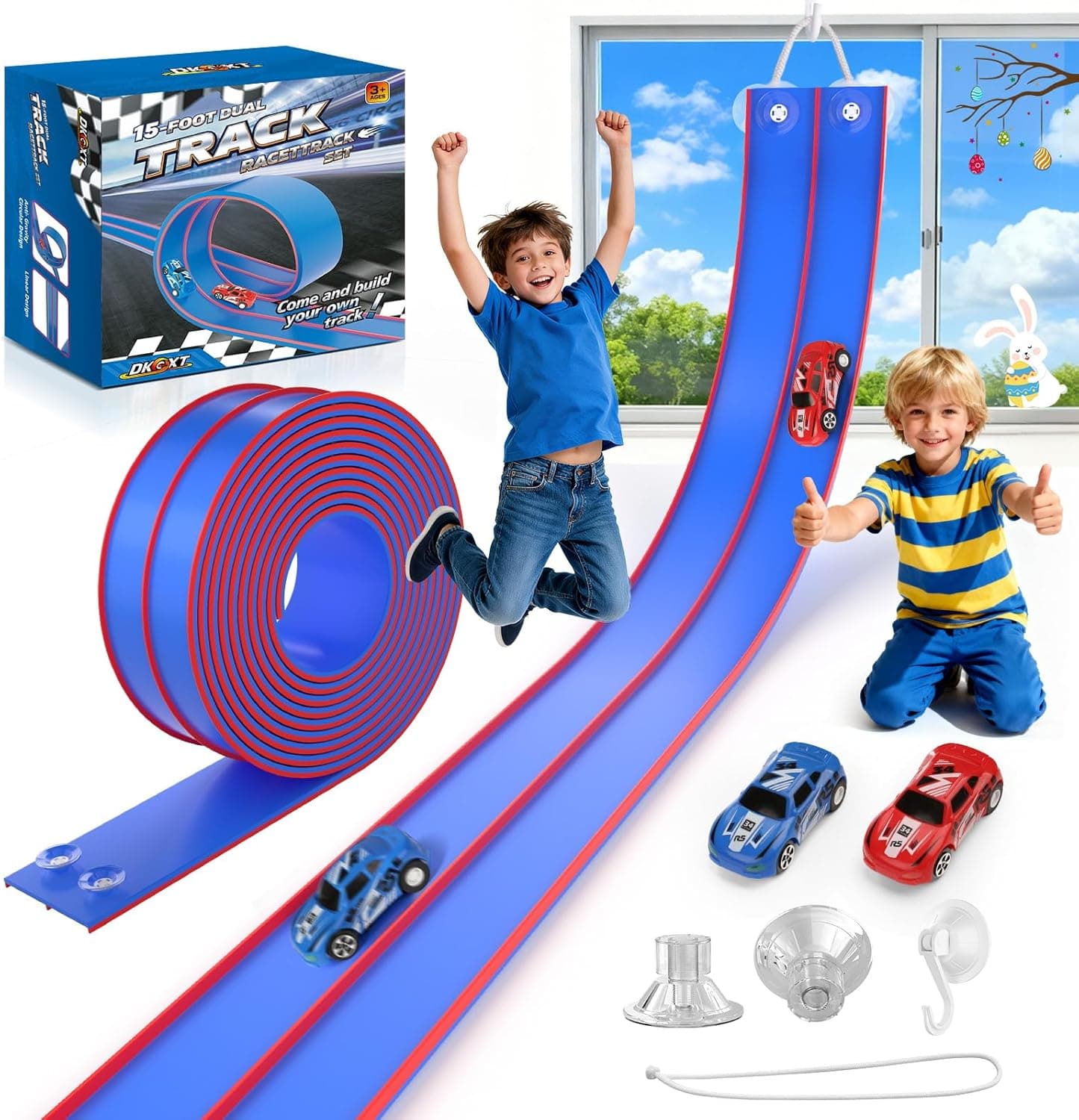 15 Ft Flexible Race Track for Kids, DIY Car Track Set with 2 Toy Cars & 3 Suction Cup Ramps, Easter Basket Stuffers for Teens & Boys Girls, Creative Easter Gifts for Kids, Blue - image 1