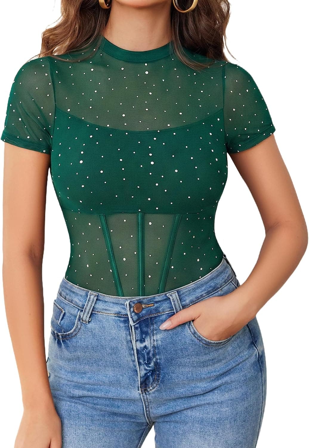 Avidlove Women Short Sleeve Bodysuit Mock Neck Sheer Mesh Rhinestone Top One Piece Going Out Tops Concert Outfits - image 1