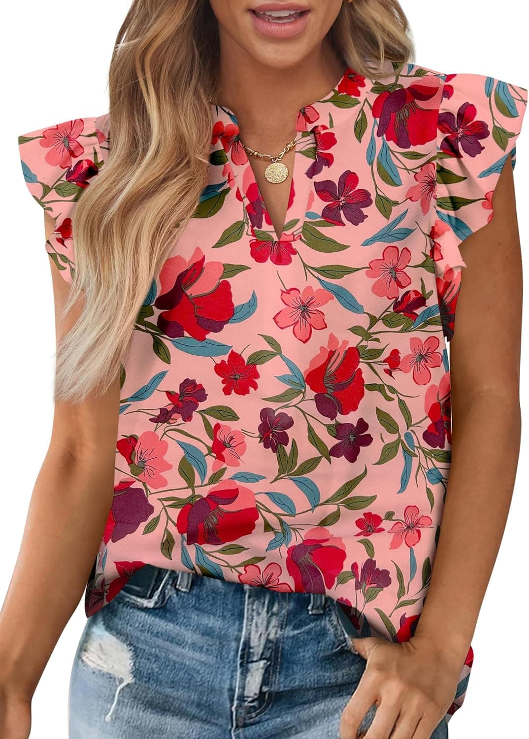 Zenlonr Womens Dressy Casual Tops 2026 Summer Ruffle Cap Sleeve V Neck Shirts Boho Floral Blouses Vacation Outfits - image 1