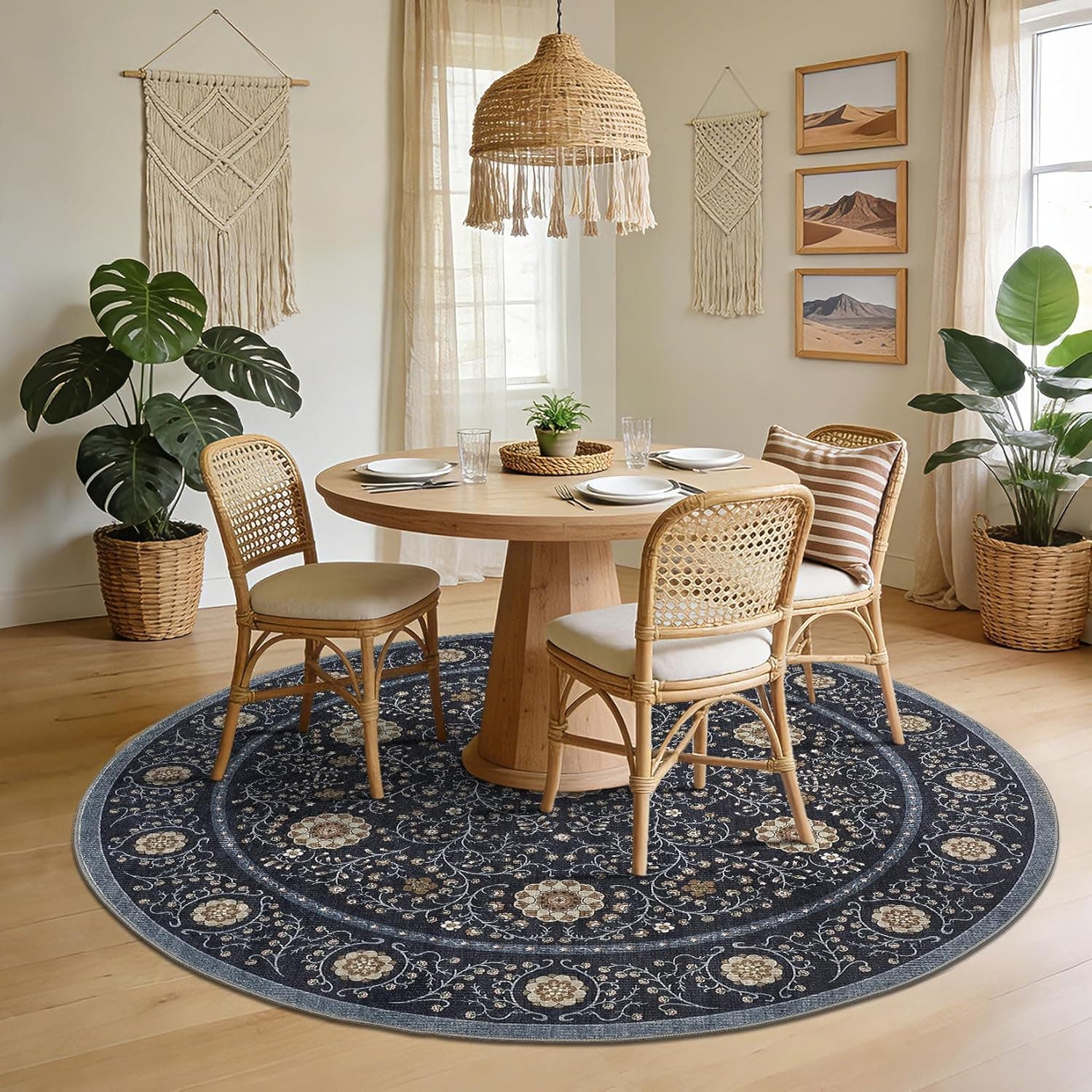 GarveeHome Boho Round Rugs 6ft for Living Room Non Slip, Vintage Botanical Circle Rug Washable Area Rug for Dining Room Stain Resistant, Low Pile Soft Blue Circular Carpet for Nursery Kitchen
