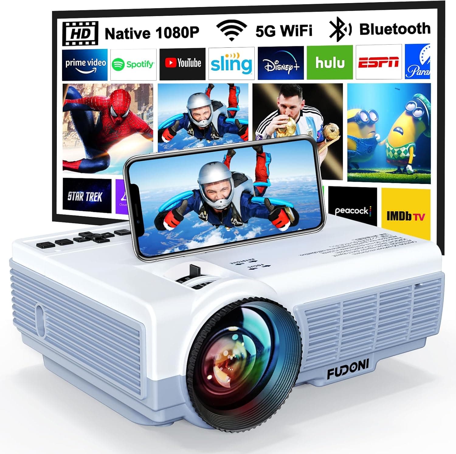 FUDONI Projector with 5G WiFi & Bluetooth, Native 1080P 18000L Portable Movie Projector for Home Theater Outdoor, Built-in Speaker, Compatible with HDMI, USB, AV, Fire Stick, Laptop, iOS, Android, PS5 - image 1