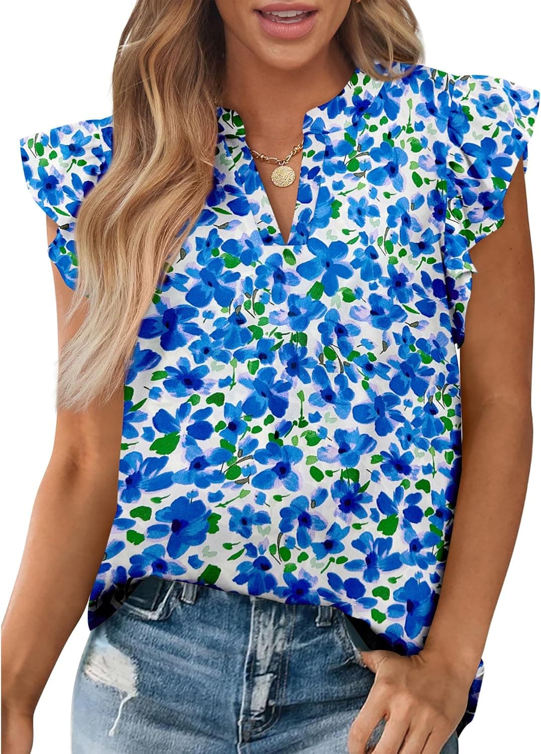 Zenlonr Womens Dressy Casual Tops 2026 Summer Ruffle Cap Sleeve V Neck Shirts Boho Floral Blouses Vacation Outfits - image 1