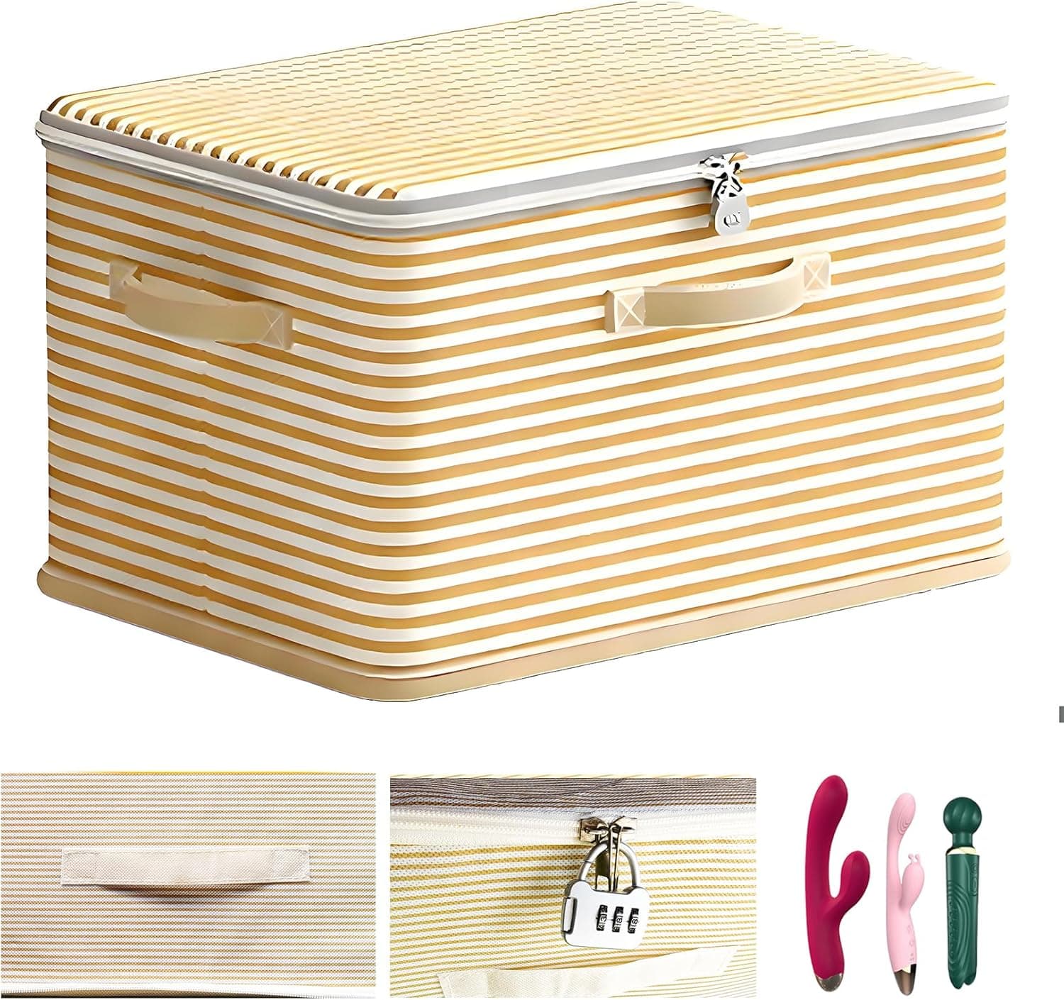 Discreet Lockable Adult Toy Box Storage Organizer with Zipper Lid, 15x10x10 Inch Large Capacity Travel Case, Secure Lock Privacy Bag for Women & Men Clothes Container(Beige Stripes) - image 1