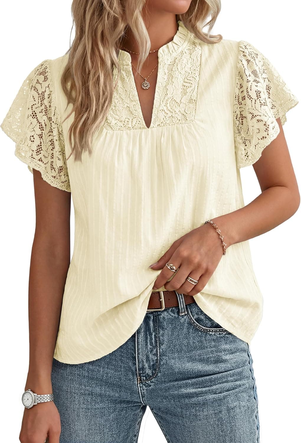 GRACE KARIN Womens Lace Short Sleeve Tops Summer Dressy Casual Cotton Blouses Flowy V Neck Dress Shirts Trendy Clothing 2026 - image 1