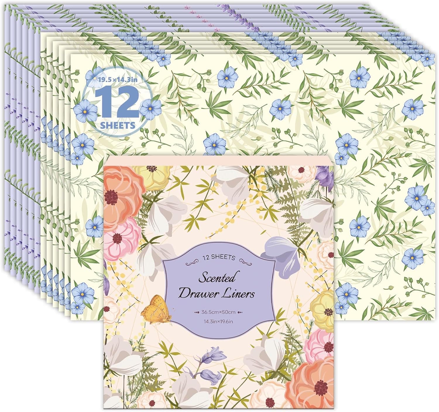 Scented Drawer Liners for Dresser,6 Linen + 6 Lavender Scent Drawer Paper Liners, Paper Sheets Liner 14.3x19.5 Inch, for Fragrant Home Shelf Closet Bedroom Drawer