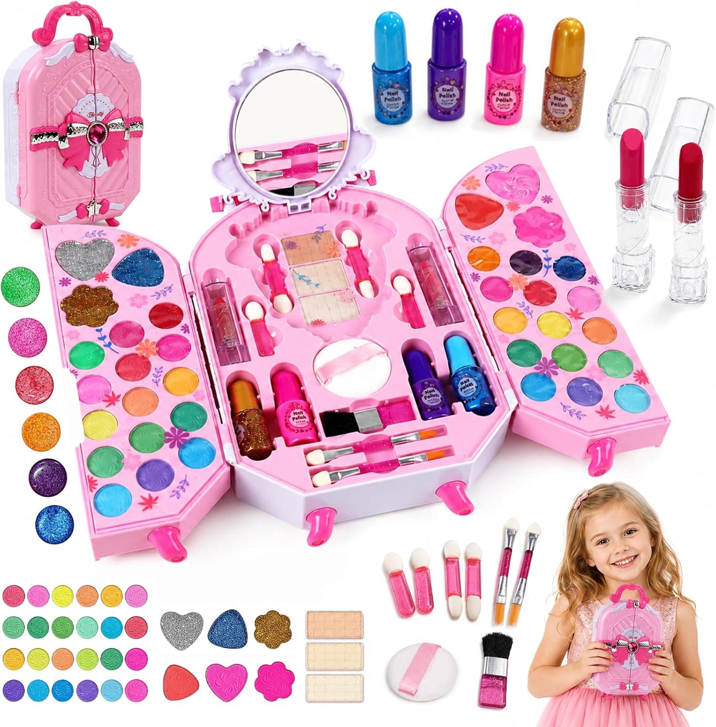 Kids Makeup Kit for Girls 5-8, Real Washable Makeup Set Toys with Mirror