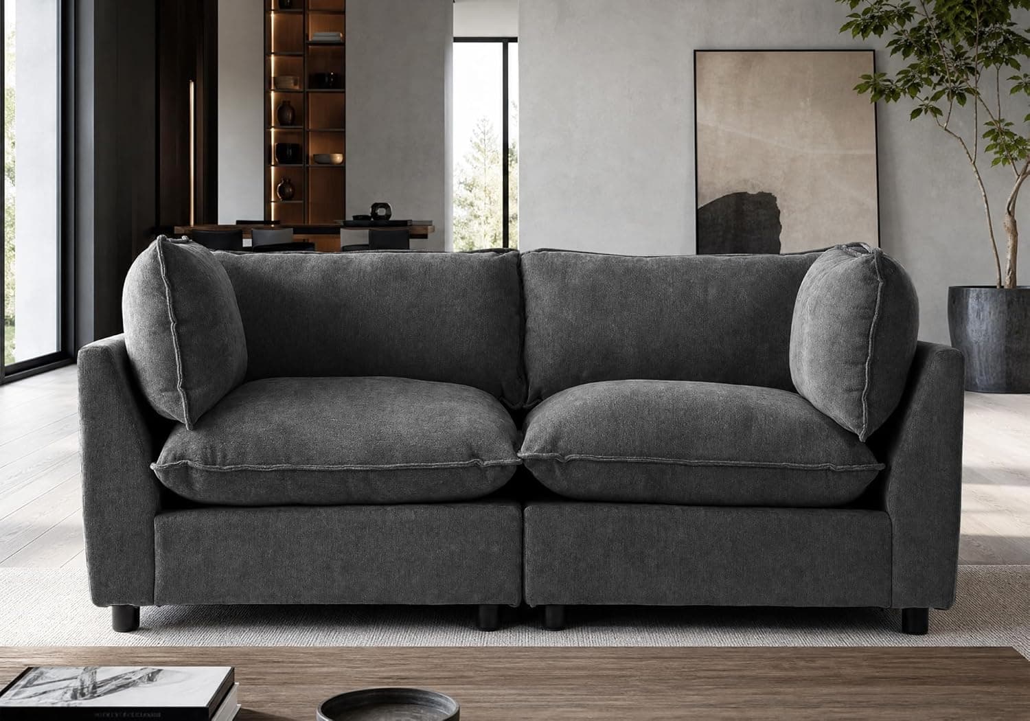 Modular Sectional Sofa, Oversized Chenille Cloud Couch, Deep Comfy Seat, 2-Seater Sofas Couches for Living Room, Dark Grey, High Feet