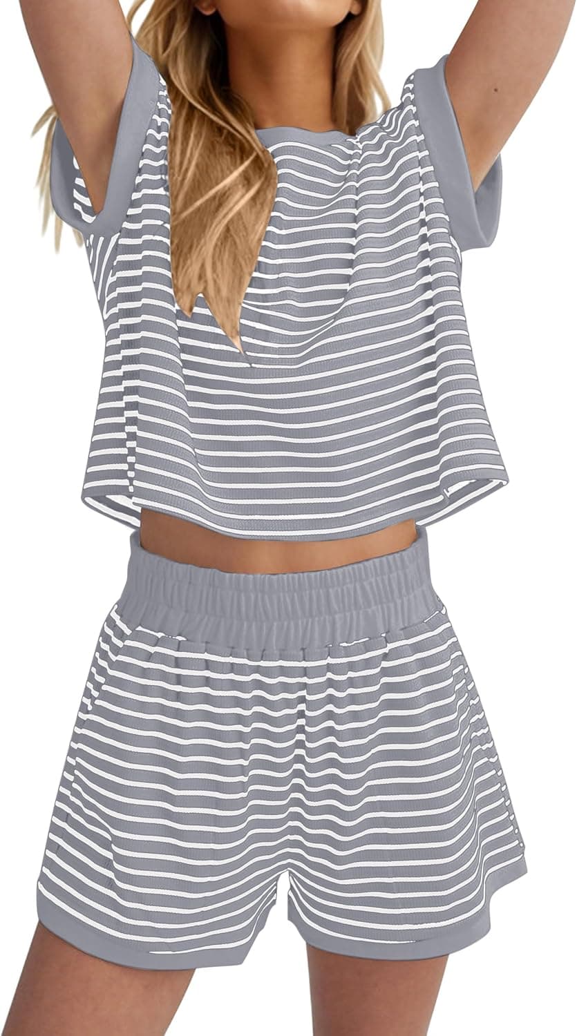 Burtell Women Summer 2 Piece Lounge Sets Striped Short Sleeve Tee Shirts Mini Shorts Loungewear Shorts Set Ribbed Pajama Set - image 1