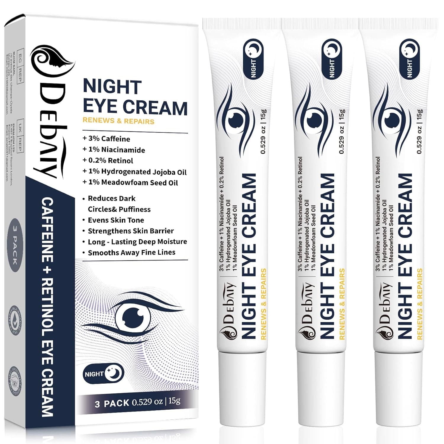 3% Caffeine Eye Cream for Dark Circles Puffiness & Bags Under Eyes Night Cream (3 Pack 15g Each) - image 1