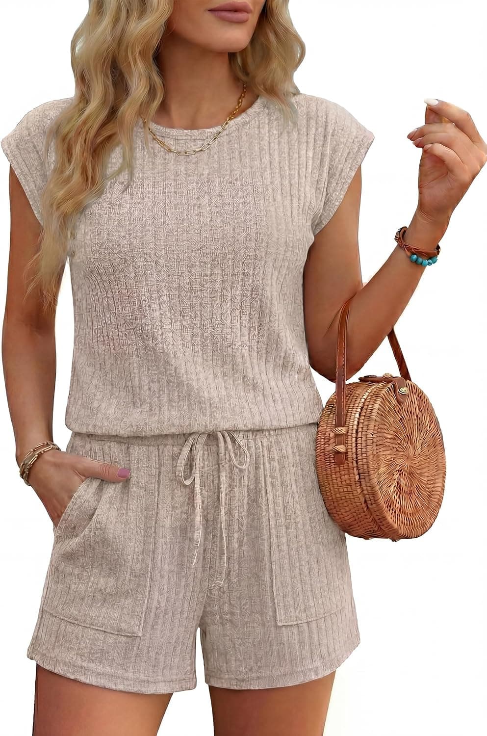 Ekouaer Rompers for Women Summer Casual Cap Sleeve Crewneck Short Pants Jumpsuit Beach Vacation Outfit with Pockets S-XXL - image 1