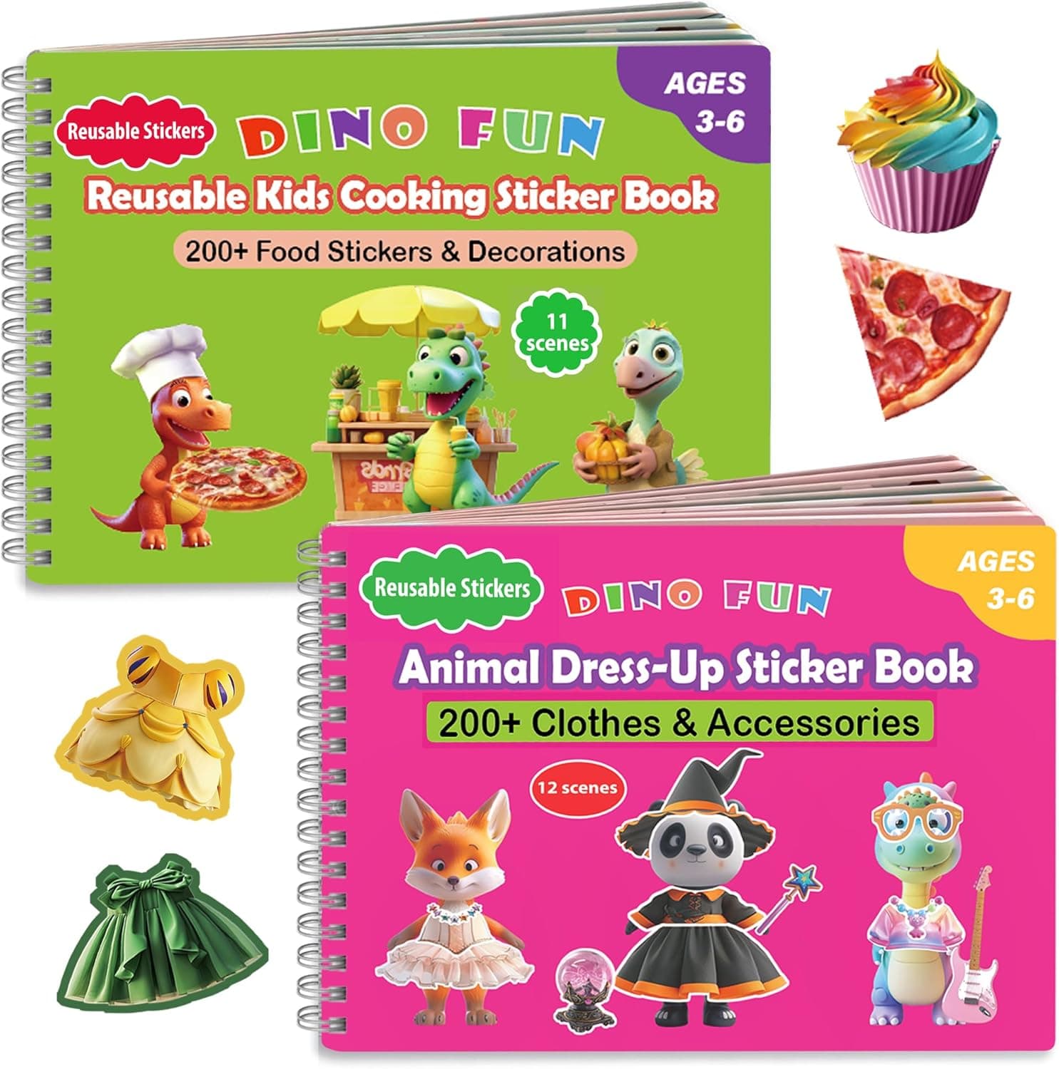 Dino Fun 2-in-1 Reusable Sticker Book for Kids – Animal Dress-Up & Cooking Play, 23 Scenes, 500+ Stickers, Fun Activity Book for Toddlers Ages 3+, Removable Sticker for Boys & Girls - image 1