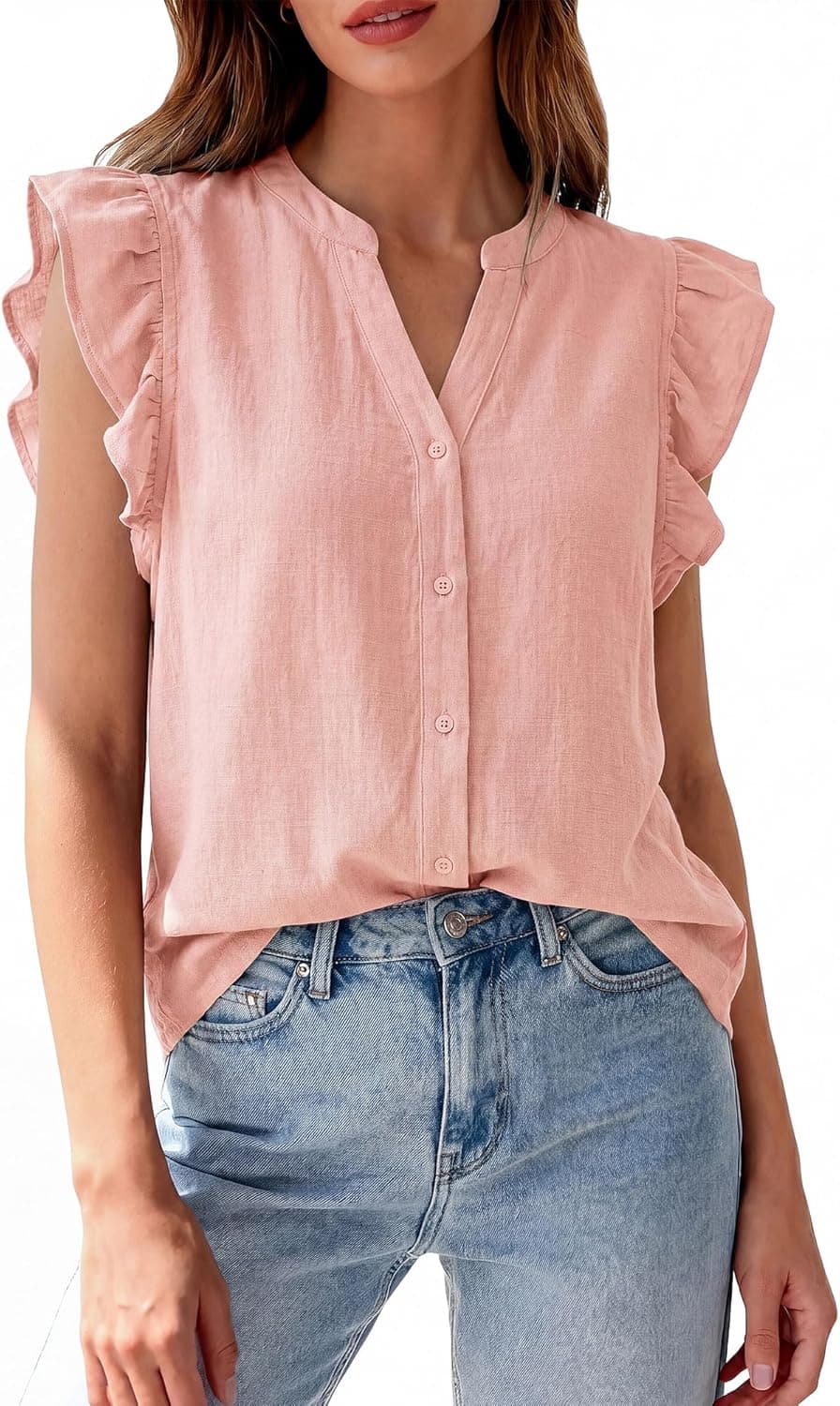 Zenlonr Womens Short Ruffle Sleeve Shirts V Neck Button Down Shirt Solid Color Going Out Spring Tops - image 1