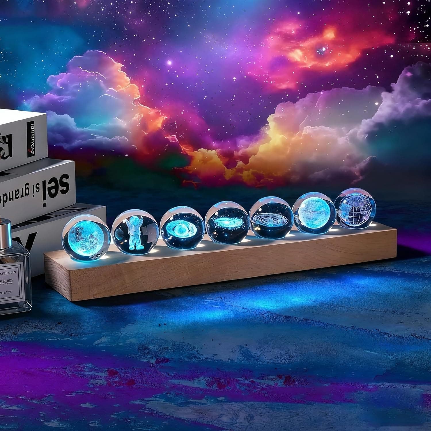 Aoyosic 7‑Piece Planet Crystal Ball Night Light with LED Wooden Base - image 1