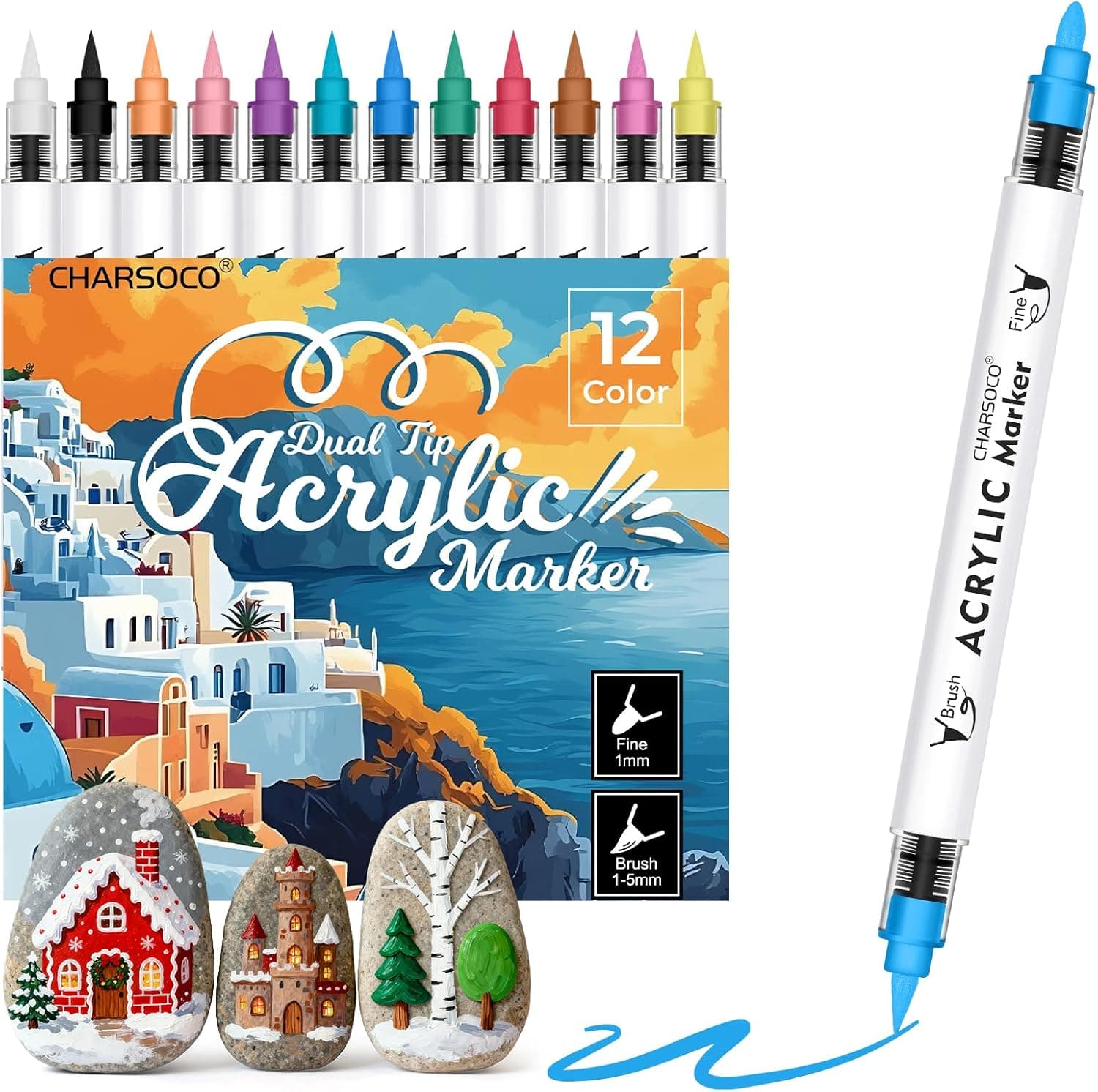 Acrylic Paint Markers, 12 Colors Dual Tip Acrylic Paint Pens, Water-Based No-Bleed Markers with Automatic Ink Control System, Bullet & Brush Tip, Works on Paper, Wood, Ceramic, Rock
