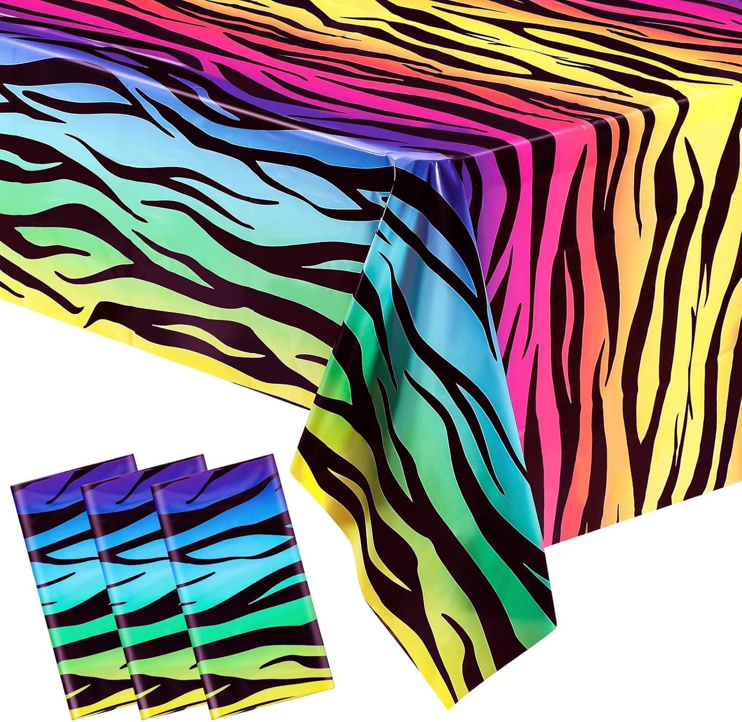 3 Pack Tiger Stripe Print Tablecloths Iridescent Neon Rainbow Birthday Party Decorations Plastic Disposable Rectangle Safari Tiger Print Table Cover for 70s 80s Birthday Party, 54 x 108 Inch