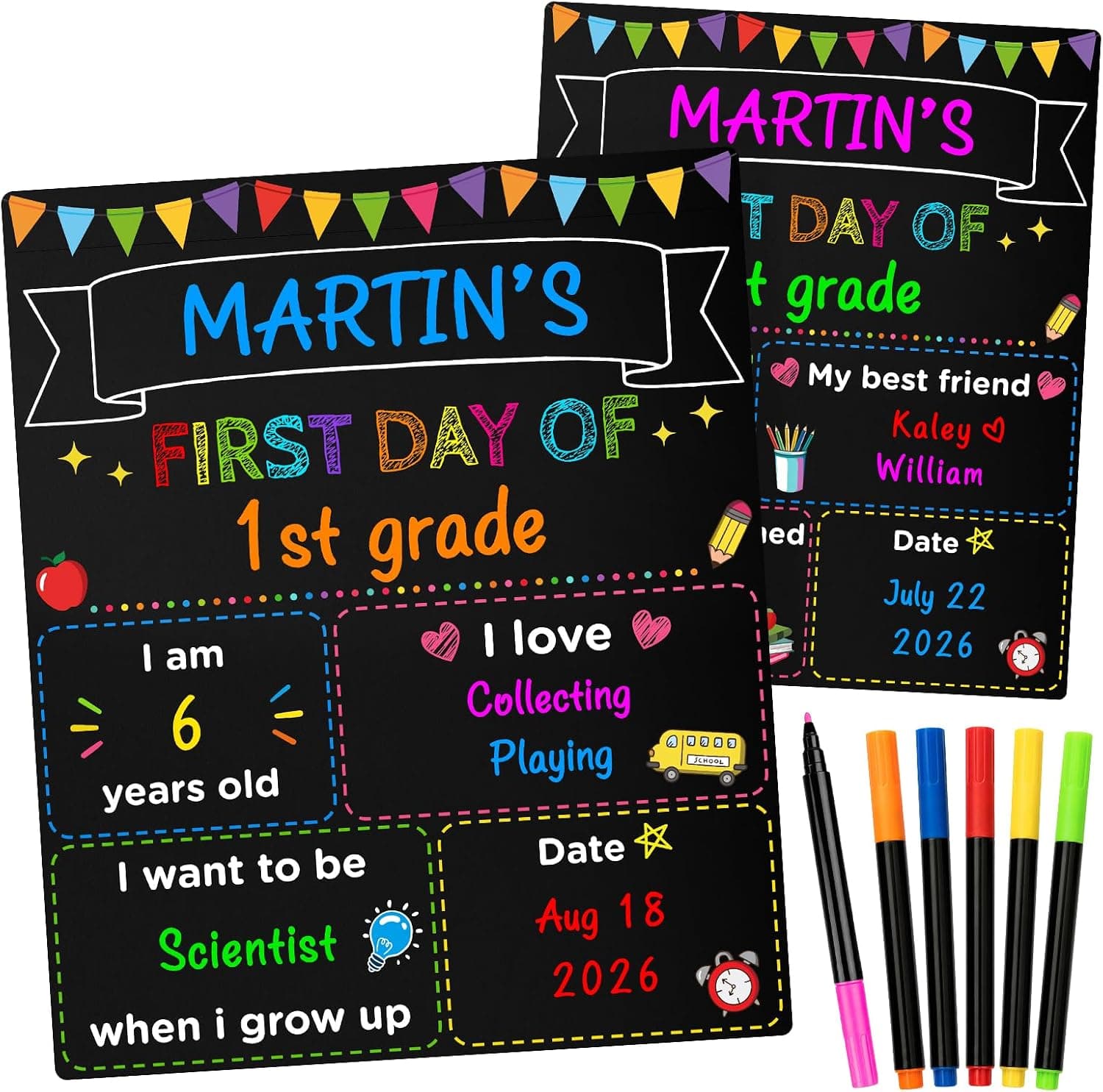 First Day of School Sign with Liquid Chalk Markers 12"x10" Double-Sided First and Last Day of School Sign Reusable Back to School Chalkboard for Kindergarten Preschool All Grades - image 1