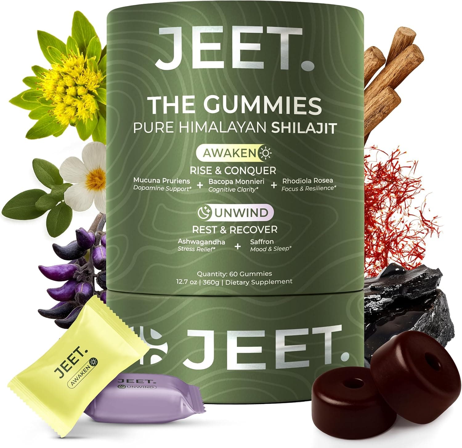JEET. Himalayan Shilajit Gummies | AM + PM Adaptogen System | Ashwagandha, Rhodiola Rosea, Bacopa Monnieri, Mucuna Pruriens, Saffron | Energy, Focus, Mood and Sleep Support | 820mg | Vegan | 60 Count