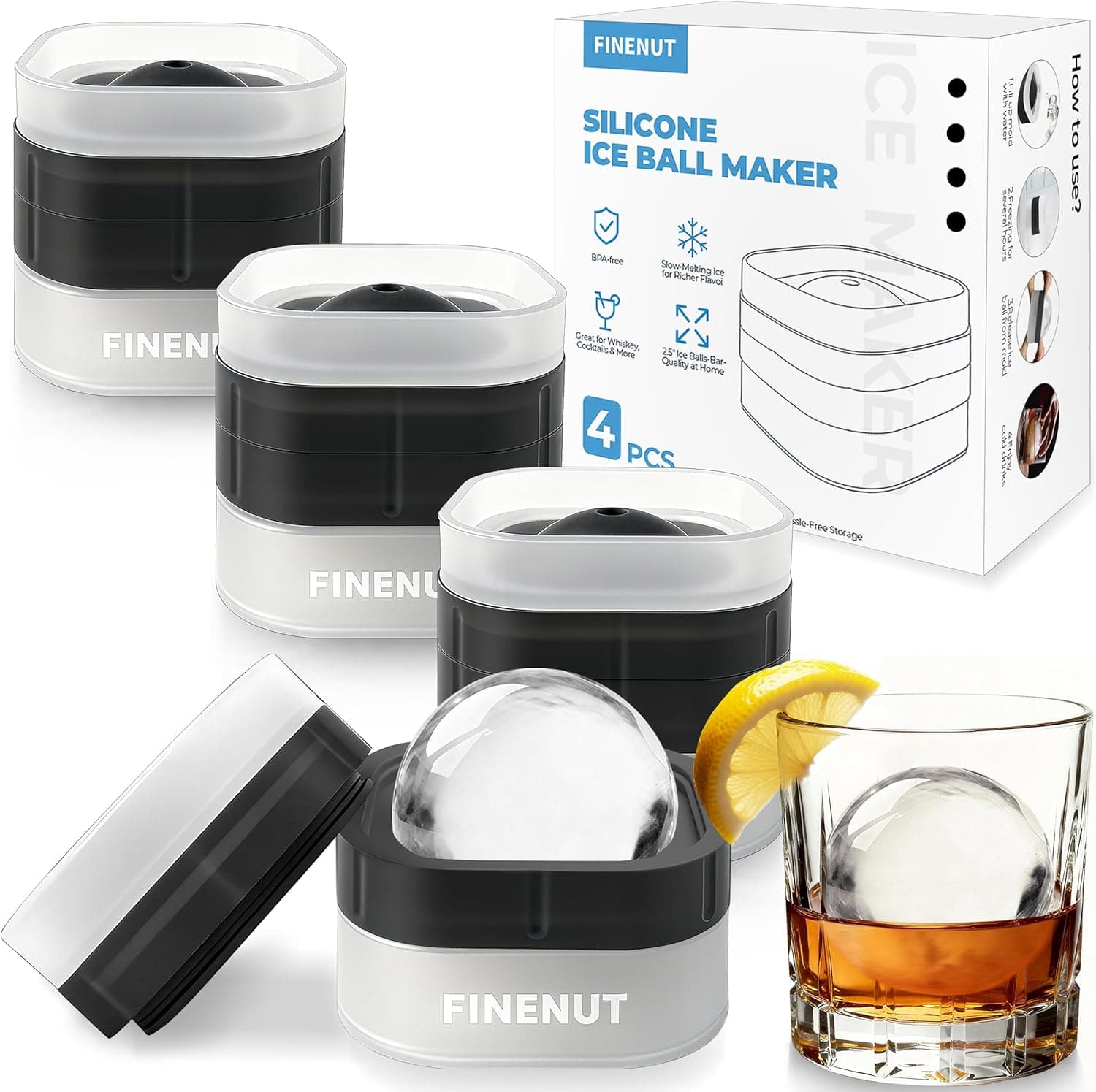 Easy Release Ice Ball Maker Mold, 4 Pack, 2.5 Inch Large Round Ice Cube Mold for Whiskey & Cocktails, Stackable Lid, Reinforced Leak-Resistant Silicone, BPA-Free