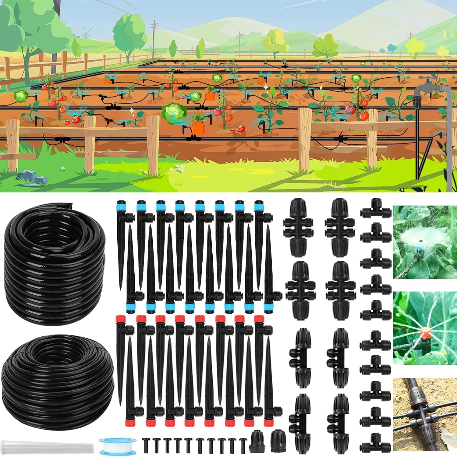 250FT Drip Irrigation System for Garden - 50FT 1/2" Main Tube & 200FT 1/4" Branch Tubing, Brass Splitter, Quick Connect Design, Perfect for Outdoor Plants, Raised Beds, Greenhouses