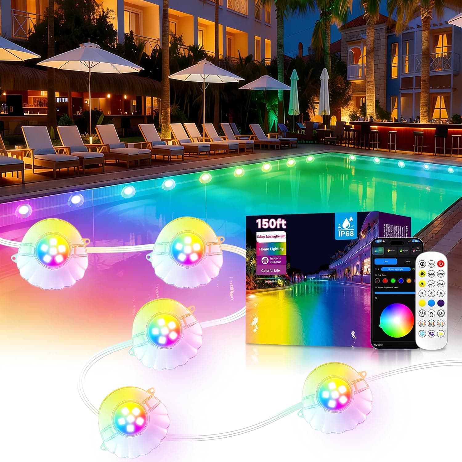 150FT RGB Pool Lights for Inground & Above Ground Pools,Plug-in Light Strip with IP68 Waterproof,App & Remote Control, 44+ Modes & Music Sync, 16M Colors for Large Swimming Pools Decor - image 1
