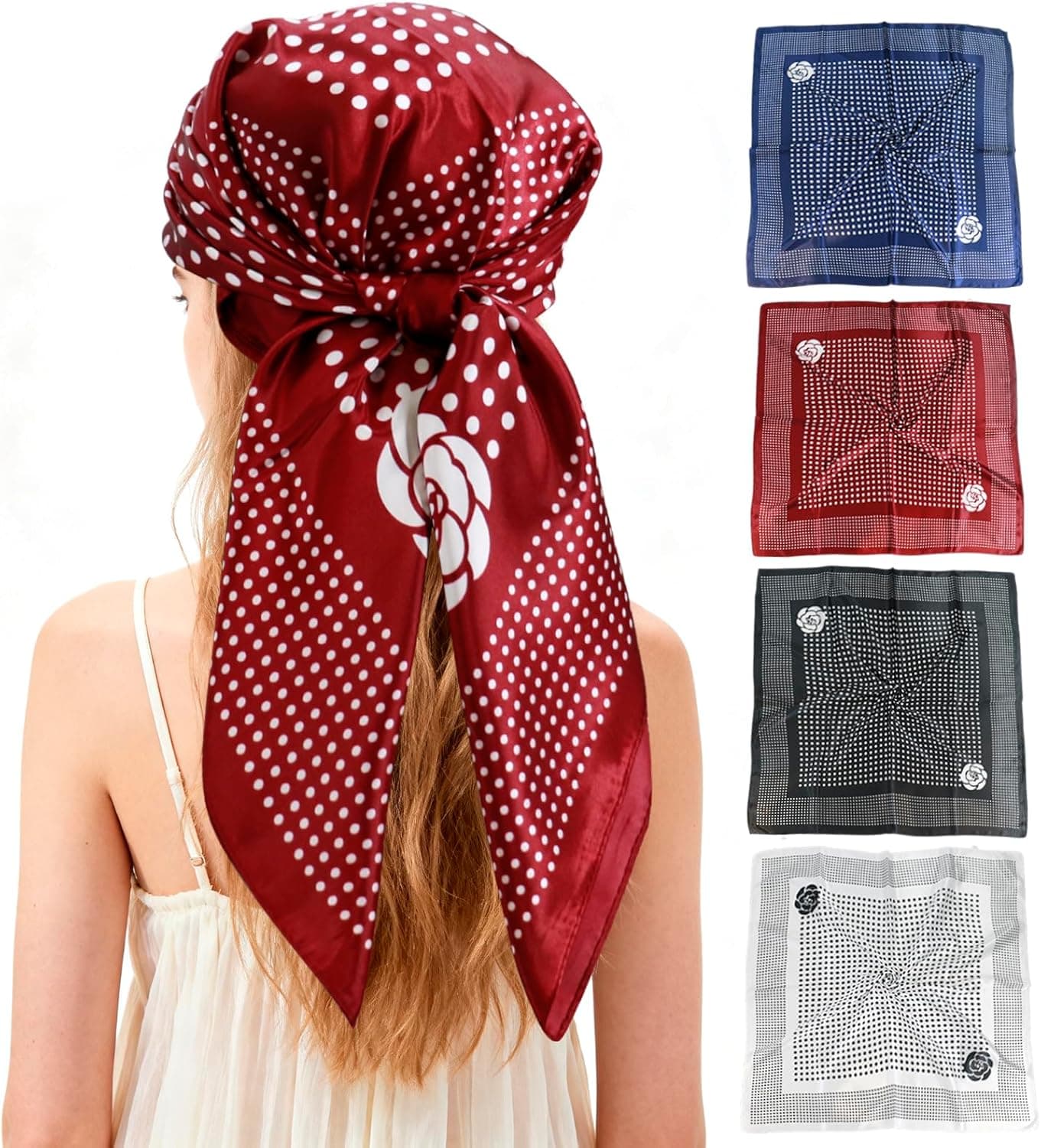 Ciormis 35" Silk Head Scarf for Women, 4 Pcs Satin Hair Scarf Square Silk Bandana Top Neck Scarves Hair Wraps for Sleeping - image 1