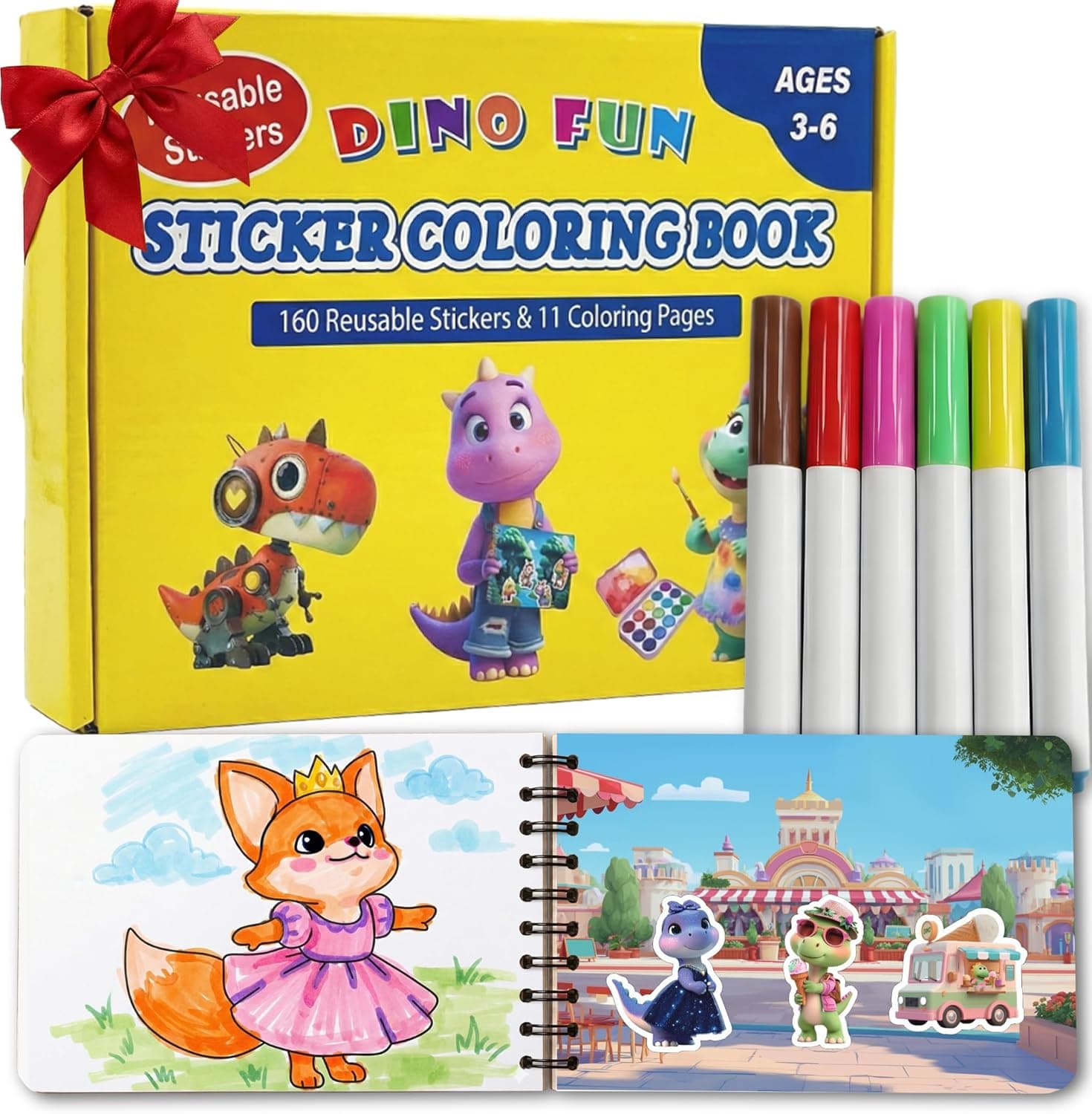Dino Fun Reusable Sticker & Coloring Book for Kids | 2-in-1 Set with 160+ Stickers, 6 Markers & 11 Themes | Educational Travel Toy Gift for Ages 4-8 - image 1