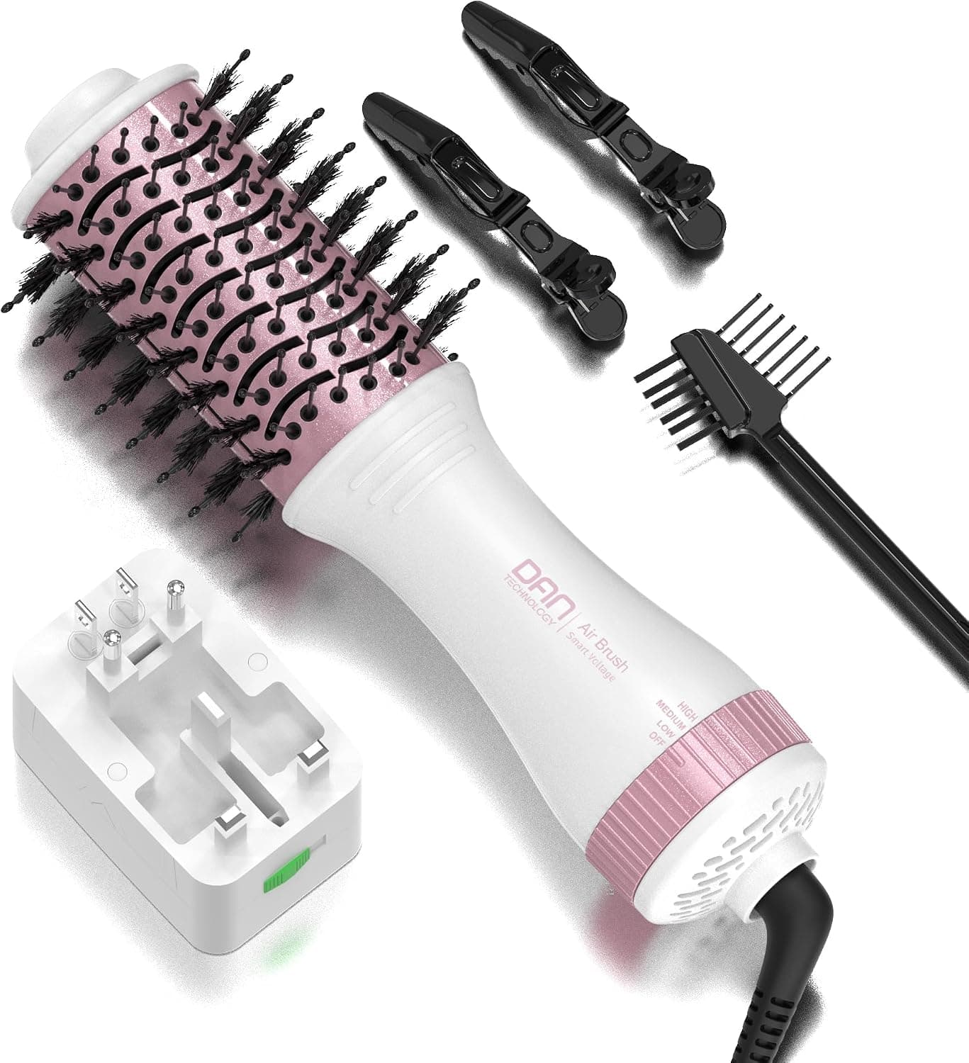 DAN Auto Dual Voltage Hair Dryer Brush(100V-240V),Travel Hair Dryer Brush with Multi-Function Plug Adapter,One Step Blow Dryer Brush and Styler Volumizer
