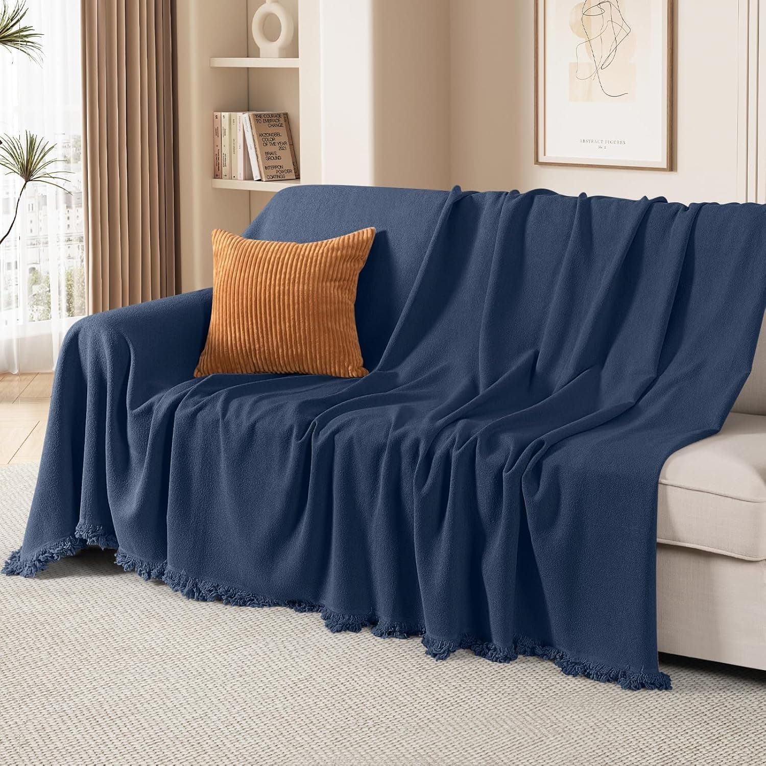 TAOCOCO Couch Cover Blanket Sectional Sofa Covers Thick Durable Couch Covers for 3 Cushion Couch Washable Pet-Friendly Sofa Slipcovers Furniture Protector with Tassels (71''x134'' Dark Blue)
