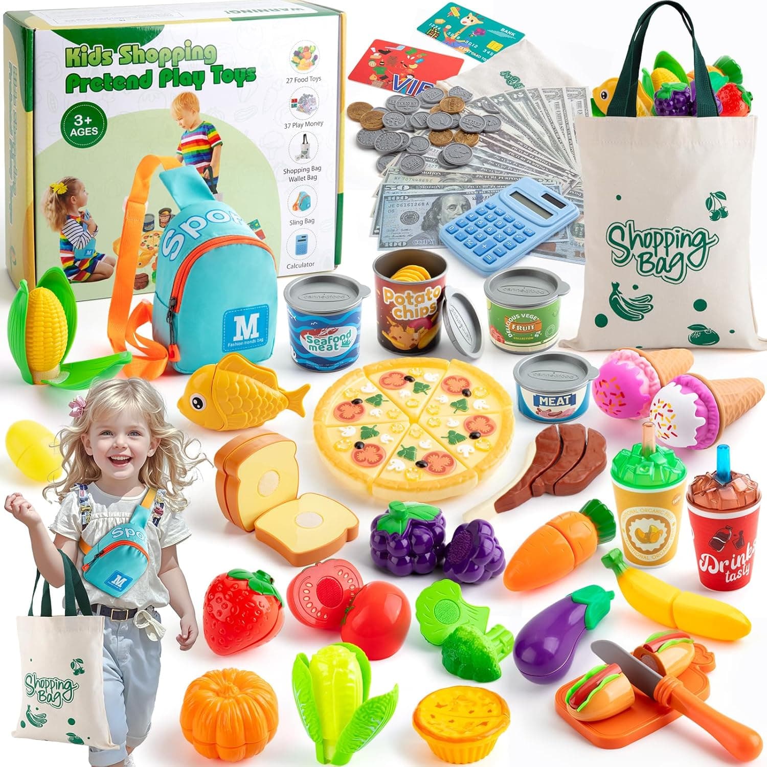 Pretend Play Food Sets for Toddlers, Kids Grocery Store Playset with Shopping Bags,Calculator, Cutting Play Food, Play Money, Sling Bag,Play Kitchen Accessories for Age 3+ Role-Play Games Gift - image 1