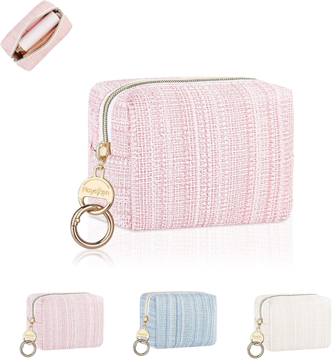 Mini Makeup Bag, Small Cosmetic Bag for Purse with Ring Buckle, Portable XS Travel Makeup Pouch Purse for Girls Women Daily Use (Mini Knitting, Pink)