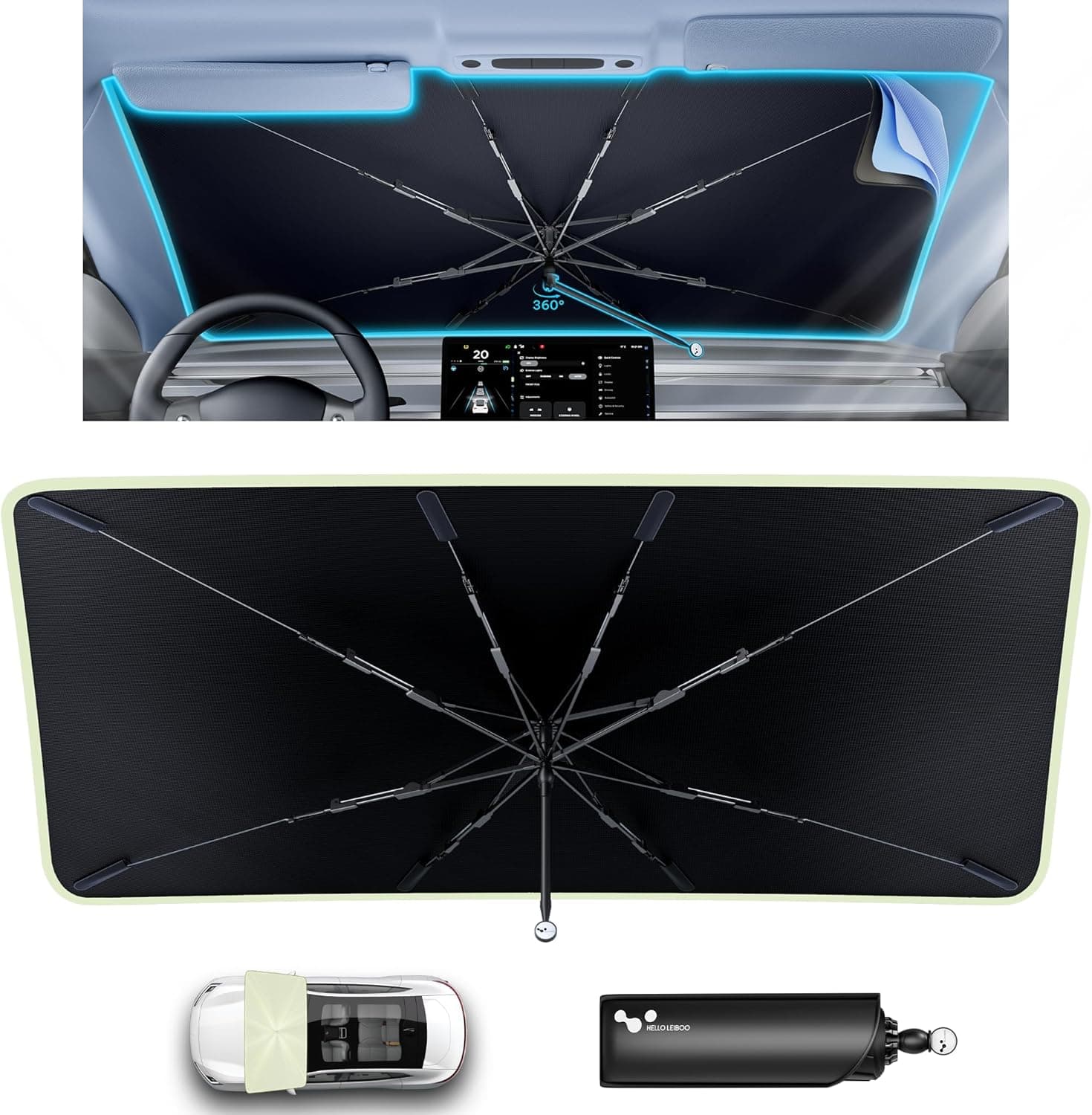helloleiboo ๐ฎ๐ฌ๐ฎ๐ฒ ๐จ๐ฝ๐ด๐ฟ๐ฎ๐ฑ๐ฒ๐ฑ Car Windshield Sun Shade Umbrella 53" x 30" โ Foldable Sun Shade with 5-Layer Vinyl Coating, Reflective Heat & UV Protection, Fits Compact Cars & Small Sedans