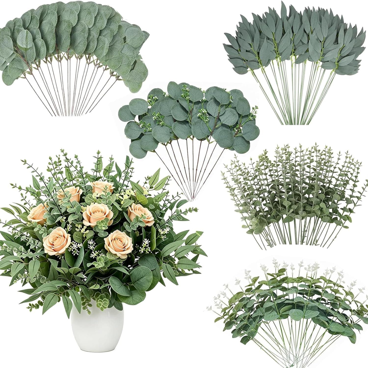 100 Pcs Artificial Mixed Eucalyptus Stems Leaves Bulk, 5 Kinds Fake Greenery Silver Dollar Eucalyptus Leaves Picks, Faux Greenery Stems for Vase Wedding DIY Bouquets Floral Arrangement Home Décor - image 1
