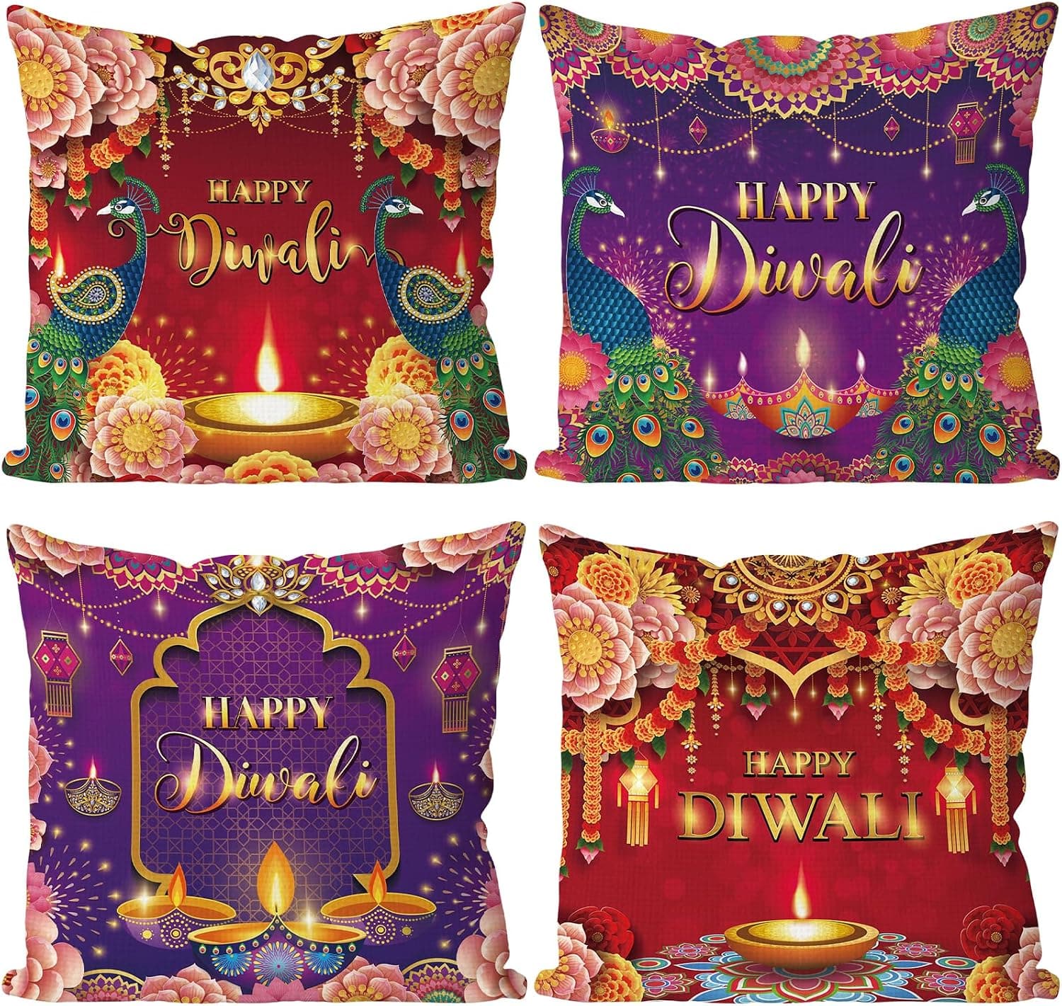 Diwali Pillow Covers Set of 4 - Vibrant Indian Festival Decor