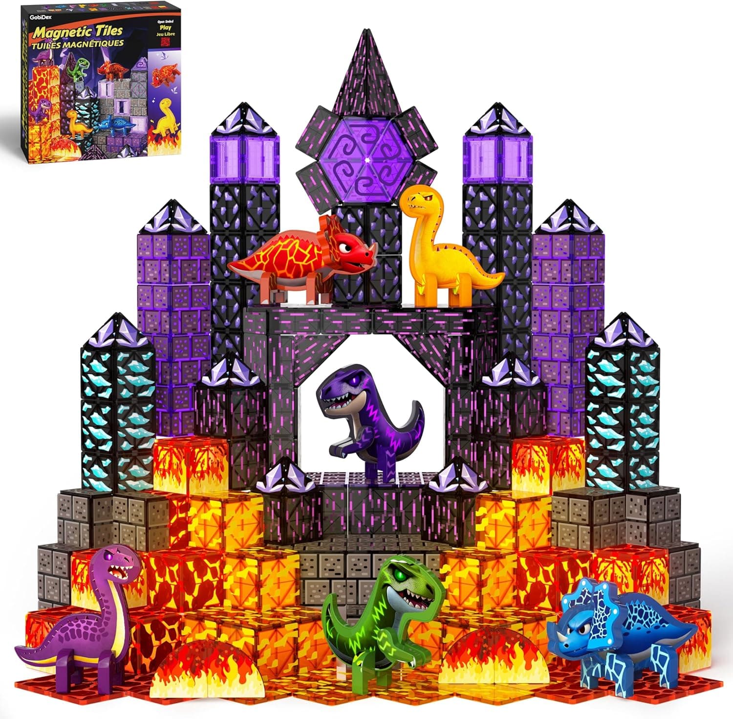 GobiDex 80PCS Dinosaur Toys Magnetic Tiles with 6 Dinosaurs - Jurassic Scenes Dinosaur World Adventure Set, Magnetic Blocks for Kids Ages 3-5 4-8, STEM Building Toys for 3+ Year Old Boy Birthday Gifts