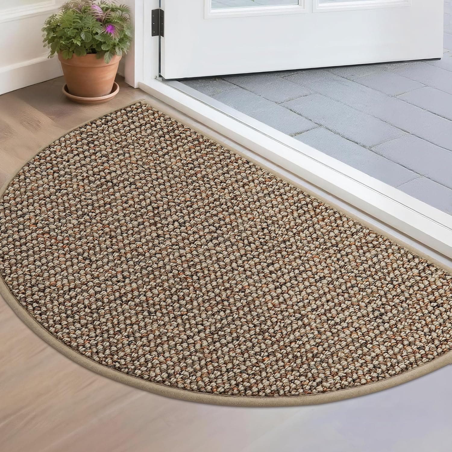 BEQHAUSE Dirt Trapper Door Mat 17" x 30" Half Circle Non Slip Rugs, Taupe | Washable Indoor Door Mat, Absorbent Doormats Entrance, Low Profile Welcome Floor Mat for Front Back Door, Small Rugs Entryway