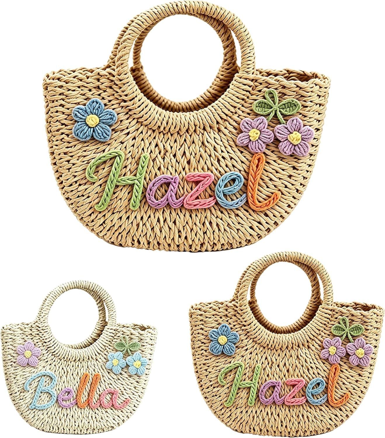 Custom Straw Beach Bag for Women, Bridesmaid Beach Bag with Name, Handheld Woven Tote for Wedding Party Gifts, Personalized Flower Girl Basket, Summer Vacation Cruise Essential