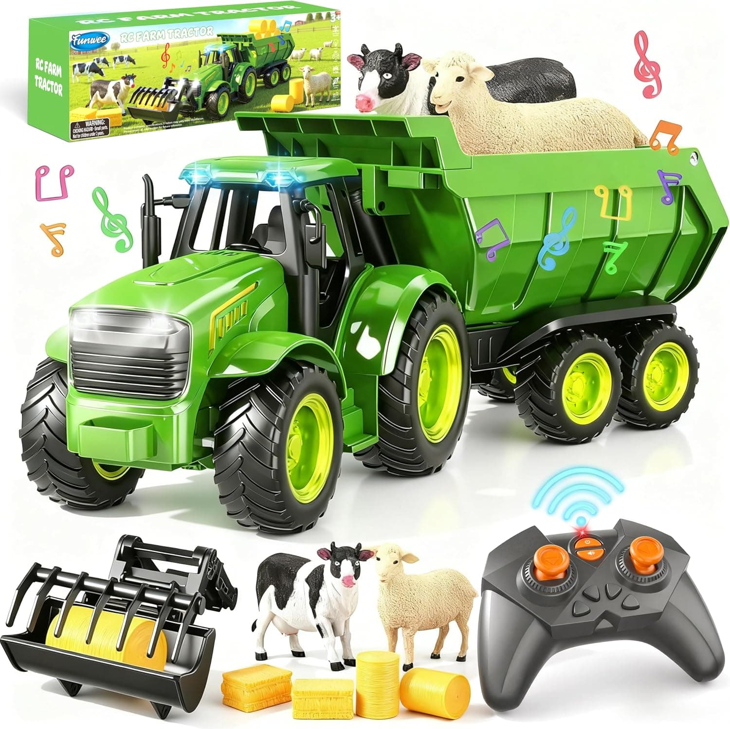 RC Farm Tractor Toy w/Light & Music, Kids Truck Toy w/Front Loader & Farm Animal, 2.4GHz RC Tractor Trailer for Boys & Girls, Toddler Vehicle Car Playset Age 3-8+ Year Old Gifts (Bright Green) - image 1