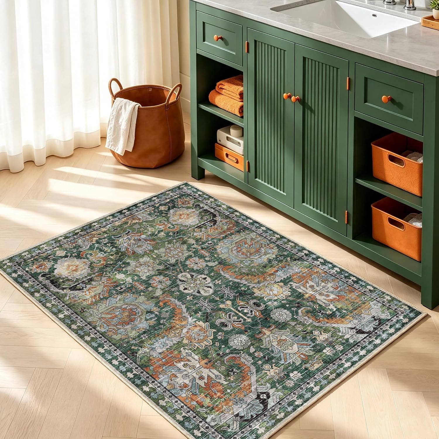 Washable Area Rugs - Perfect for Living Room, Bedroom, Kids Room, Nursery - Stain & Water Resistant Non-Slip, Pet & Child Friendly, Vintage Tribal Area Rugs (Green, 3' x 5 ') - image 1
