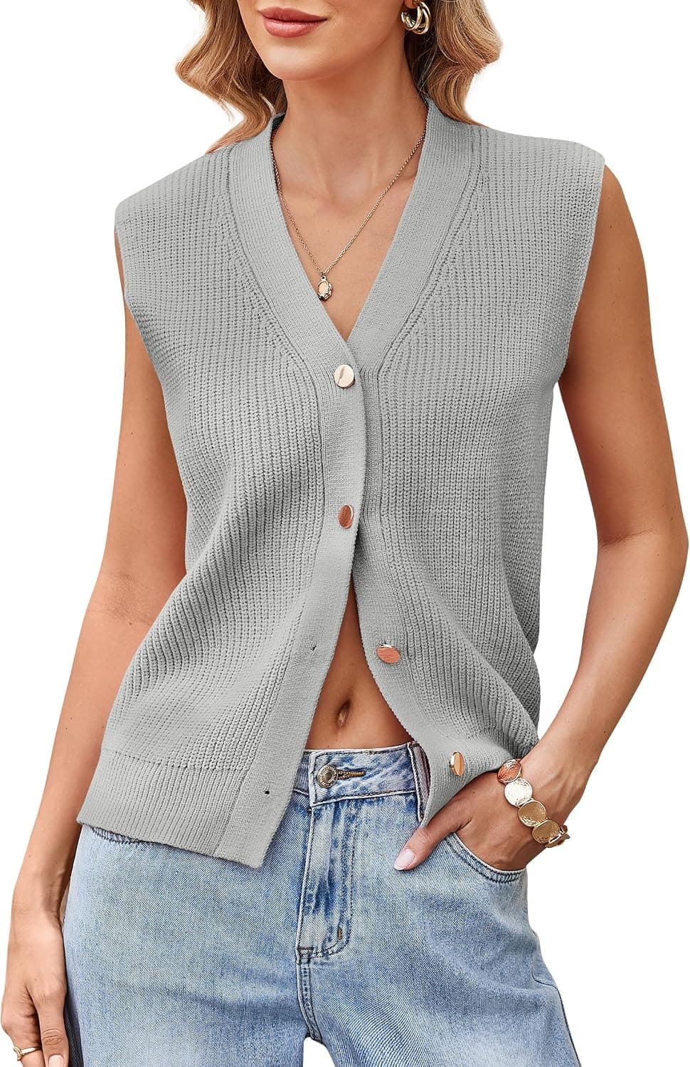 Women Summer Sleeveless Cardigan Sweater Vest Top V Neck Button Down Knit Cardigan Vests for Layering Grey XL