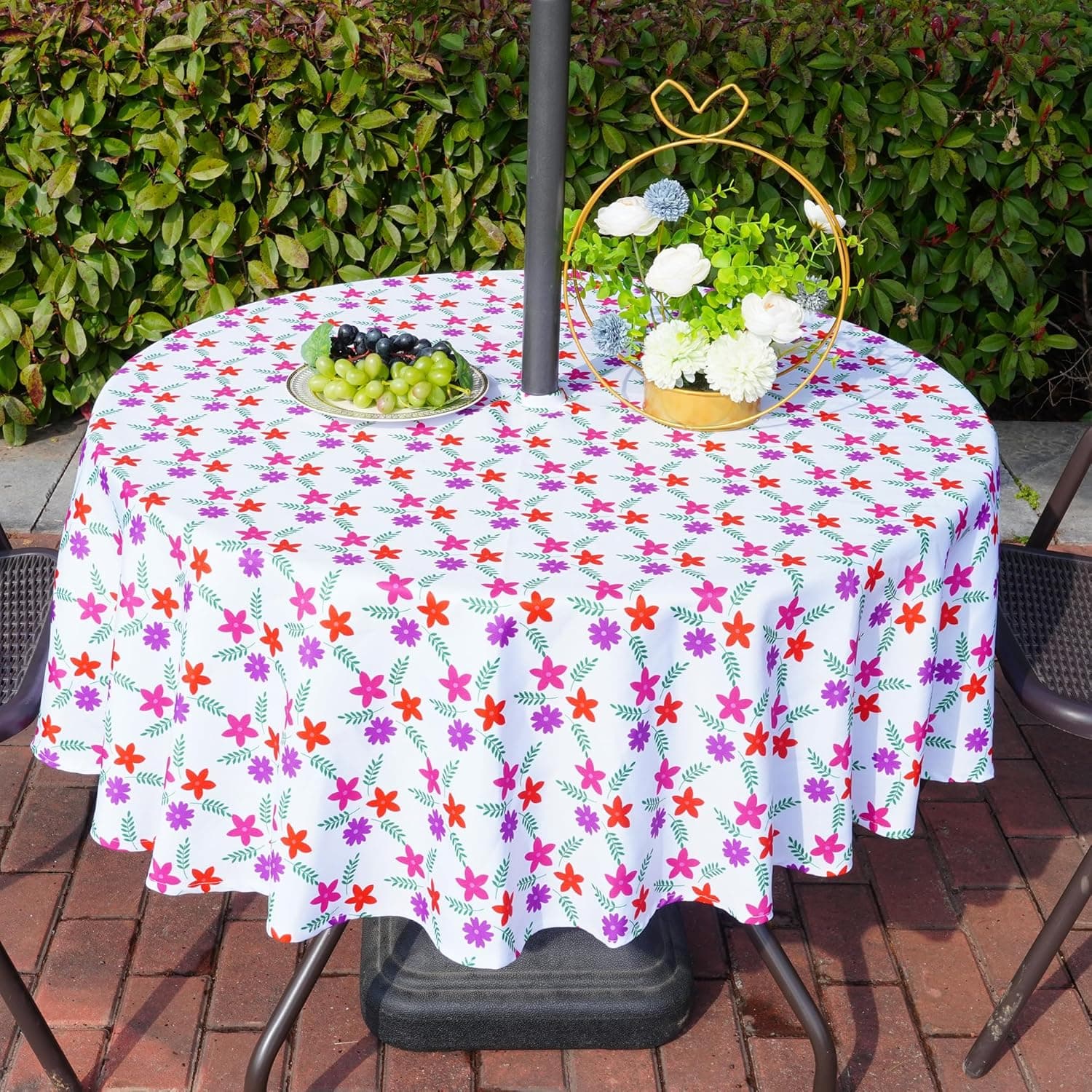 Eternal Beauty 52" Round Tablecloth Waterproof Outdoor Tablecloth with Umbrella Hole Zipper for Spring Summer Patio Picnic Tables (Red-Purple Flower, 52" (Round))