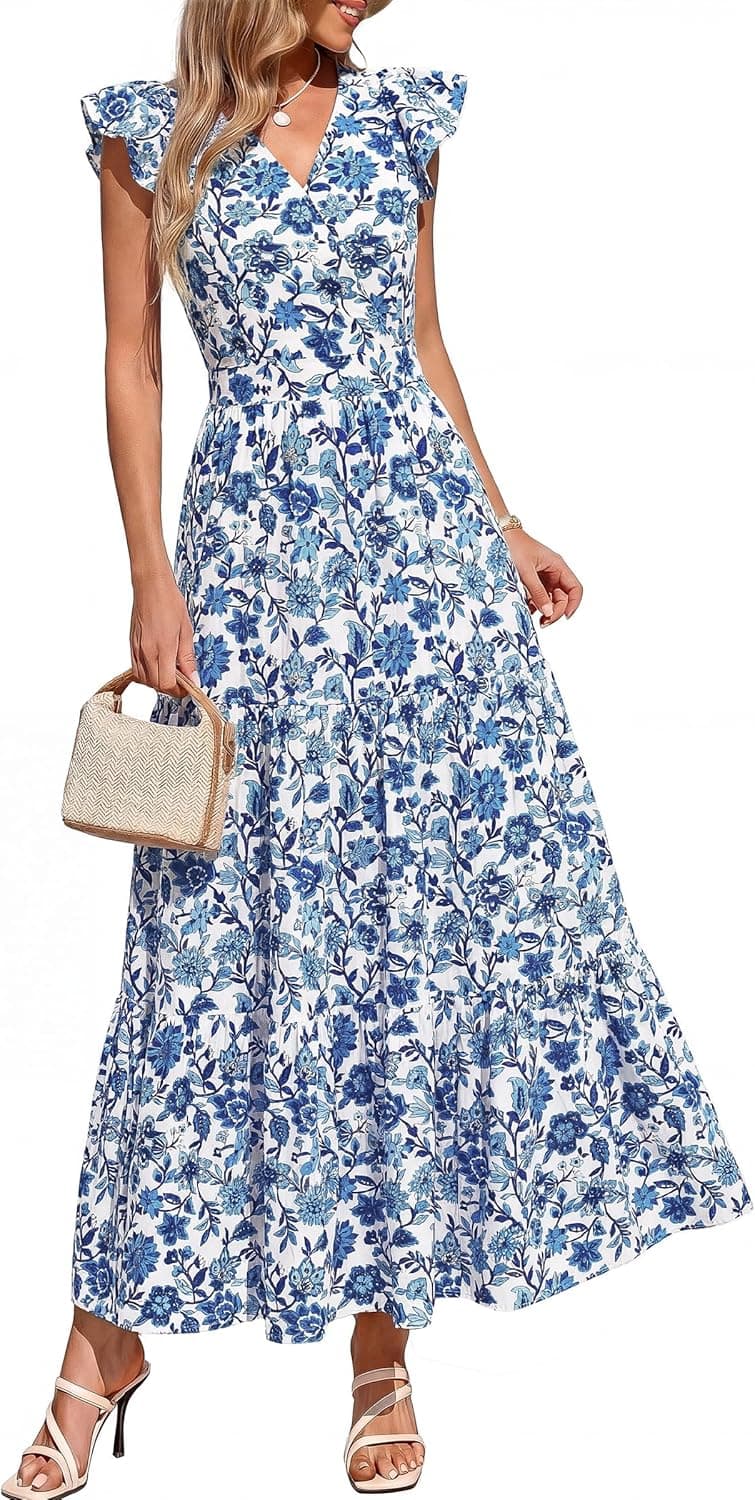PRETTYGARDEN Women's Spring Summer Maxi Dresses 2026 Casual Wrap V Neck Floral Ruffle Sleeve Flowy Long Beach Boho Sun Dress - image 1