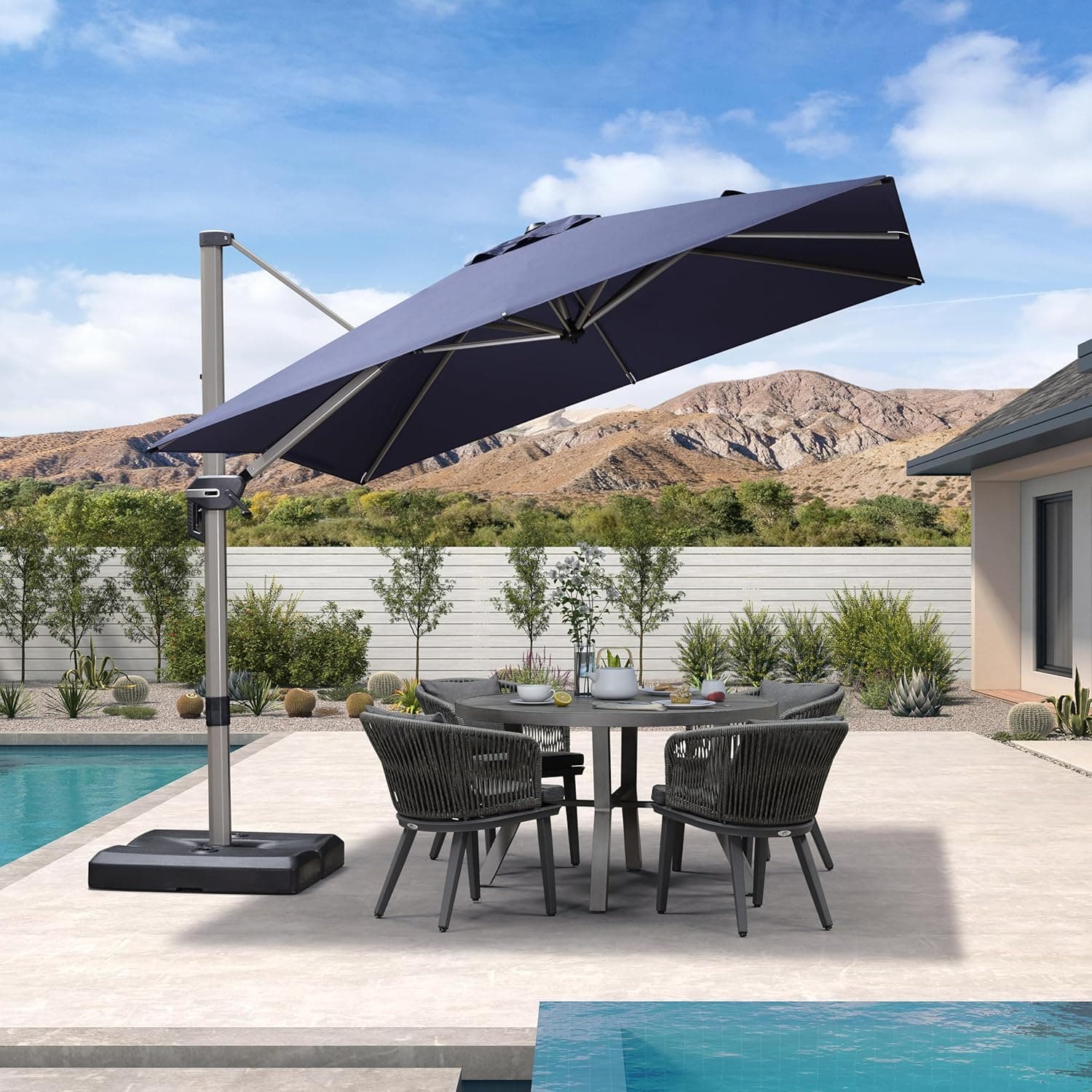 PURPLE LEAF 9โ X 9โ Patio Umbrella Outdoor Cantilever Umbrella, Aluminum Offset Umbrella with Champagne Frame and 360ยฐ Rotation for Pool Deck Garden, Navy Blue