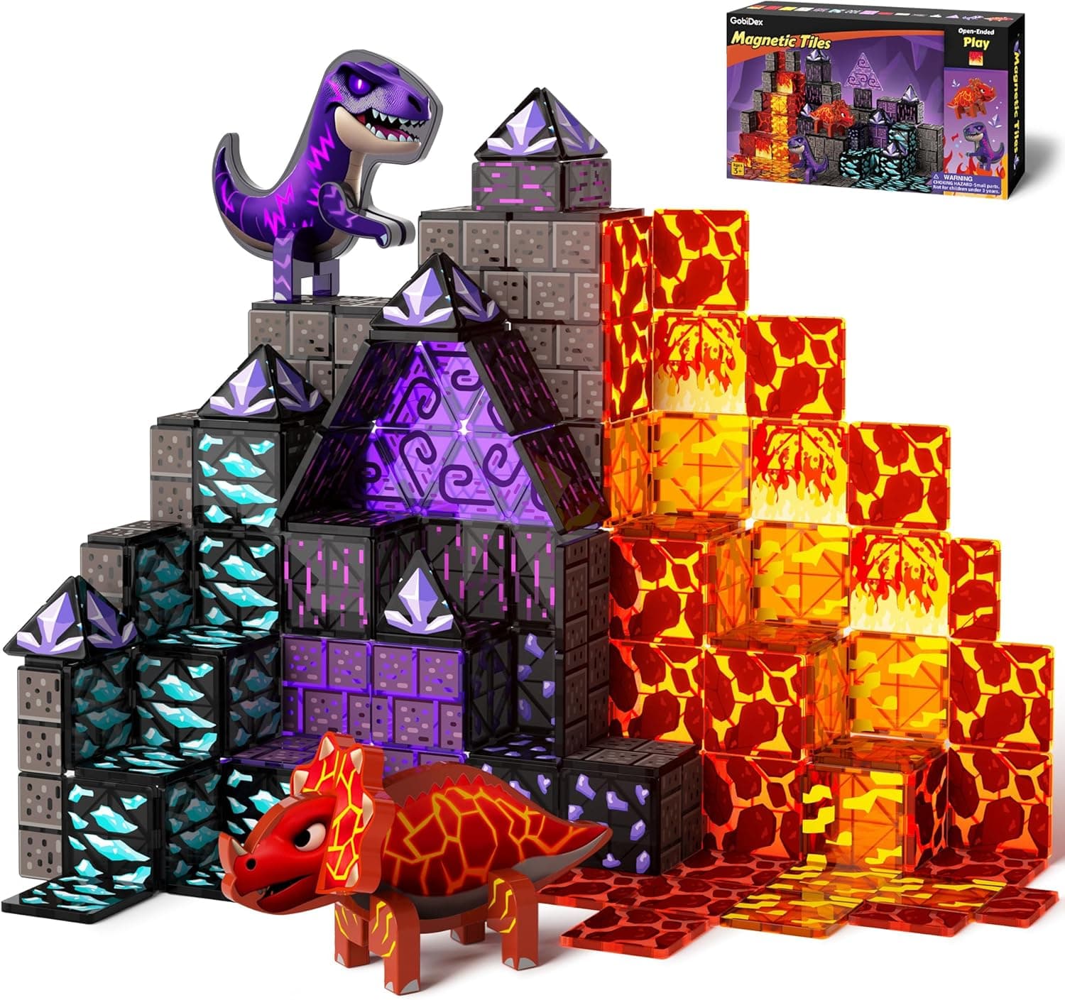 GobiDex Dinosaur Toys Magnetic Tiles Lava Cave Dinosaur World Set - Magnetic Building Blocks for Kids 3-5 5-7 Girls Boys Toys Age 4-6 6-8, STEM Sensory Toddler Birthday Gifts for 3+ Year Old Kids Toy - image 1