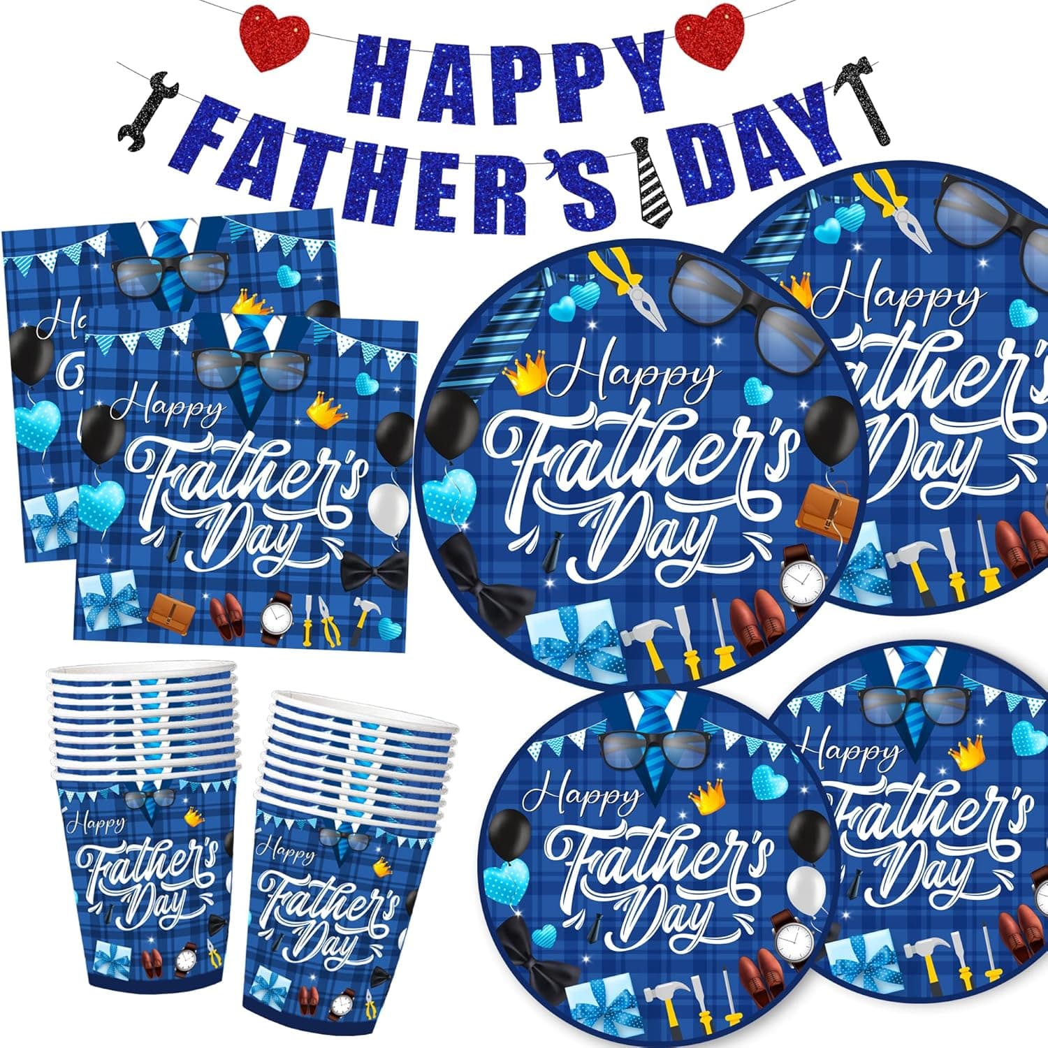 Fathers Day Decorations,101PCS Fathers Day Paper Plates and Napkins(Serves 25),Happy Father’s Day Decorations Includes Paper Plates,Napkins,Cups and Happy Fathers Day Banner