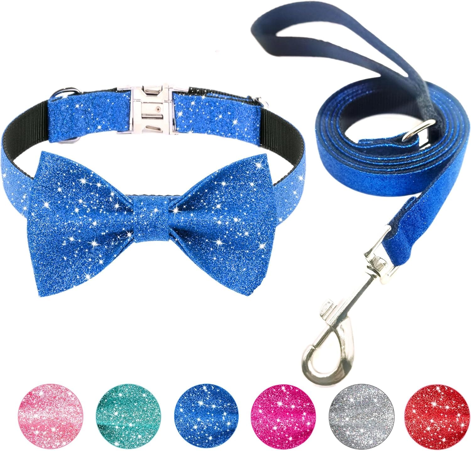 Bling Bow Tie Dog Collar and Leash Set, Cute Blue Boy Dog Collar with Bow and 5ft Leash for Puppy Small Dogs Daily Walking or Holiday Party (Neck fit 9-12’’) - image 1