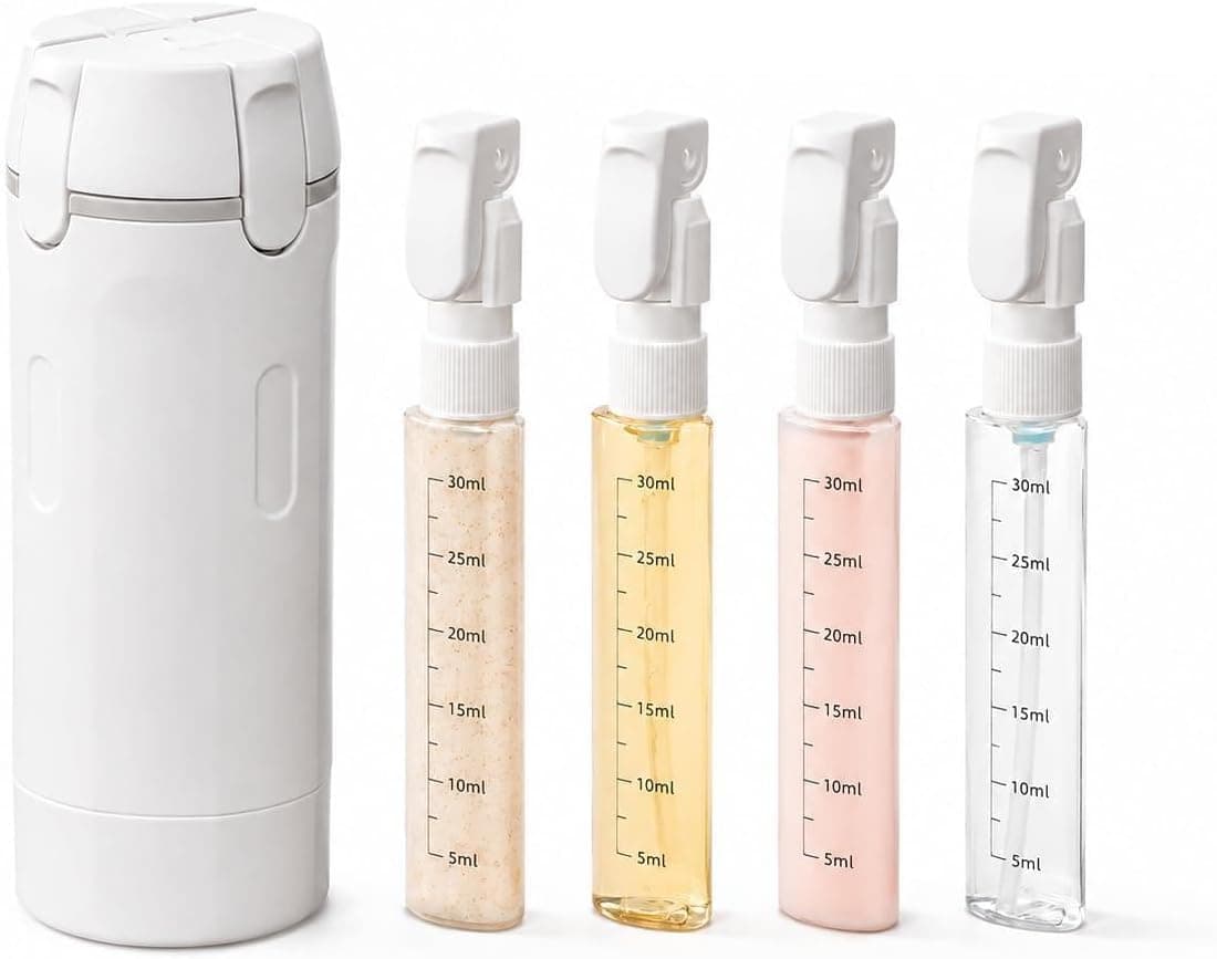 4 in 1 Travel Dispenser Bottle, Leak Proof Refillable Travel Toiletry Containers, Travel Bottles Set Meets TSA 3-1-1 Requirements for about 3 Days Business Trip (Per Person), 4 x 30ml, White