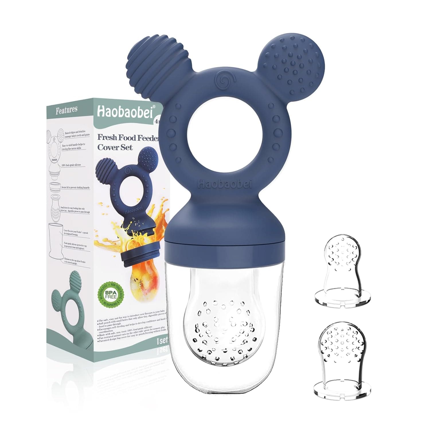 Baby Fruit Feeder, Frozen Teething Toys, Infants Teether Pacifier with 3 Extra Teats, Toddler Eating Essentials, BPA Free Feeding Supplies (Steel Blue)