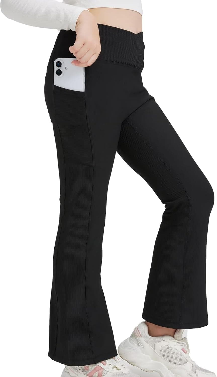 Girls Flare Leggings - Seamless Ribbed Yoga Pants with Cross High Waist, Bootcut Bell Bottoms